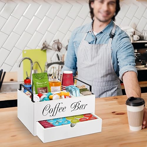 Miniatura 5 de ugiftt Organizador de accesorios de barra de café, estación de madera con asa, cesta de almacenamiento para tazas K con cajón, organizador de