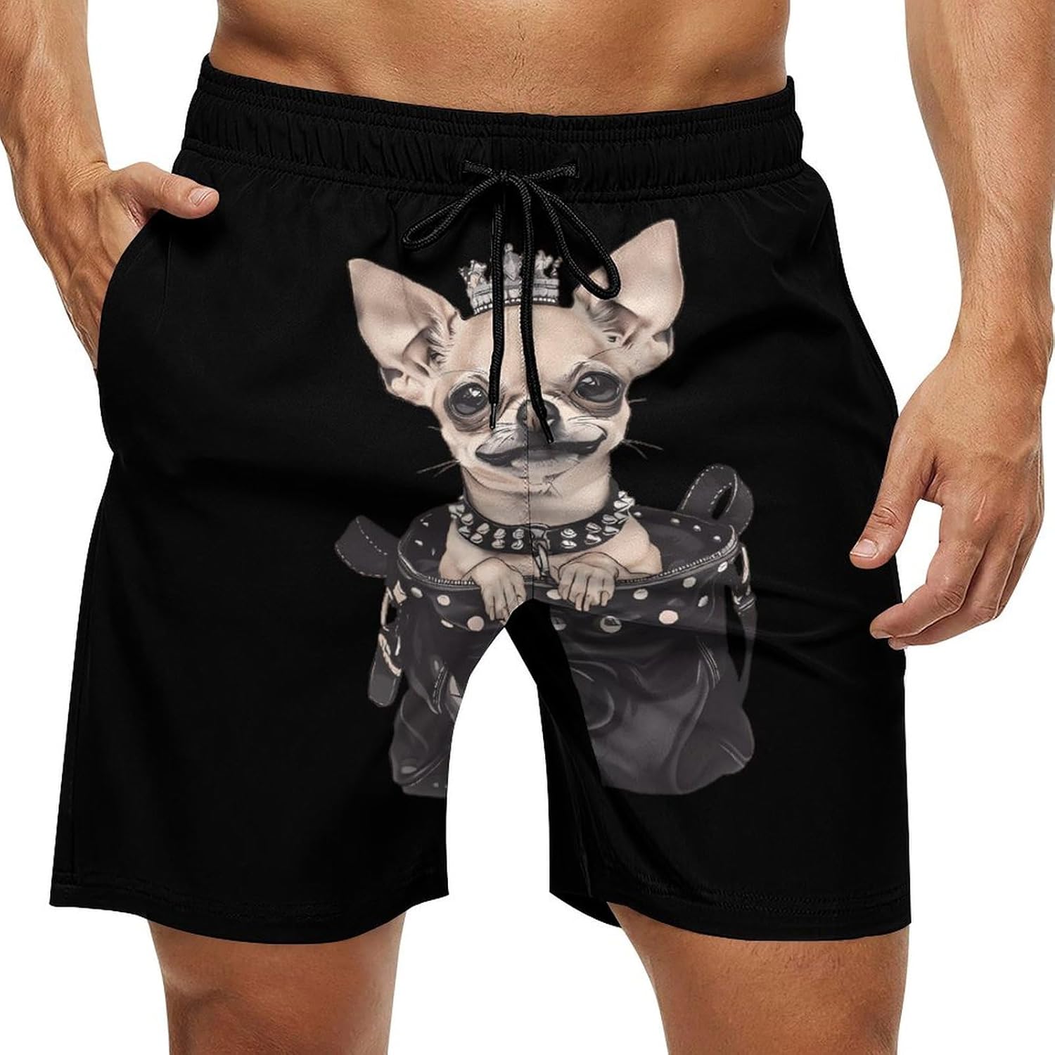 Chihuahua Dog Crowned Casual Men's Swim Trunks Novelty Summer Beach Shorts Swimwear with Pocket