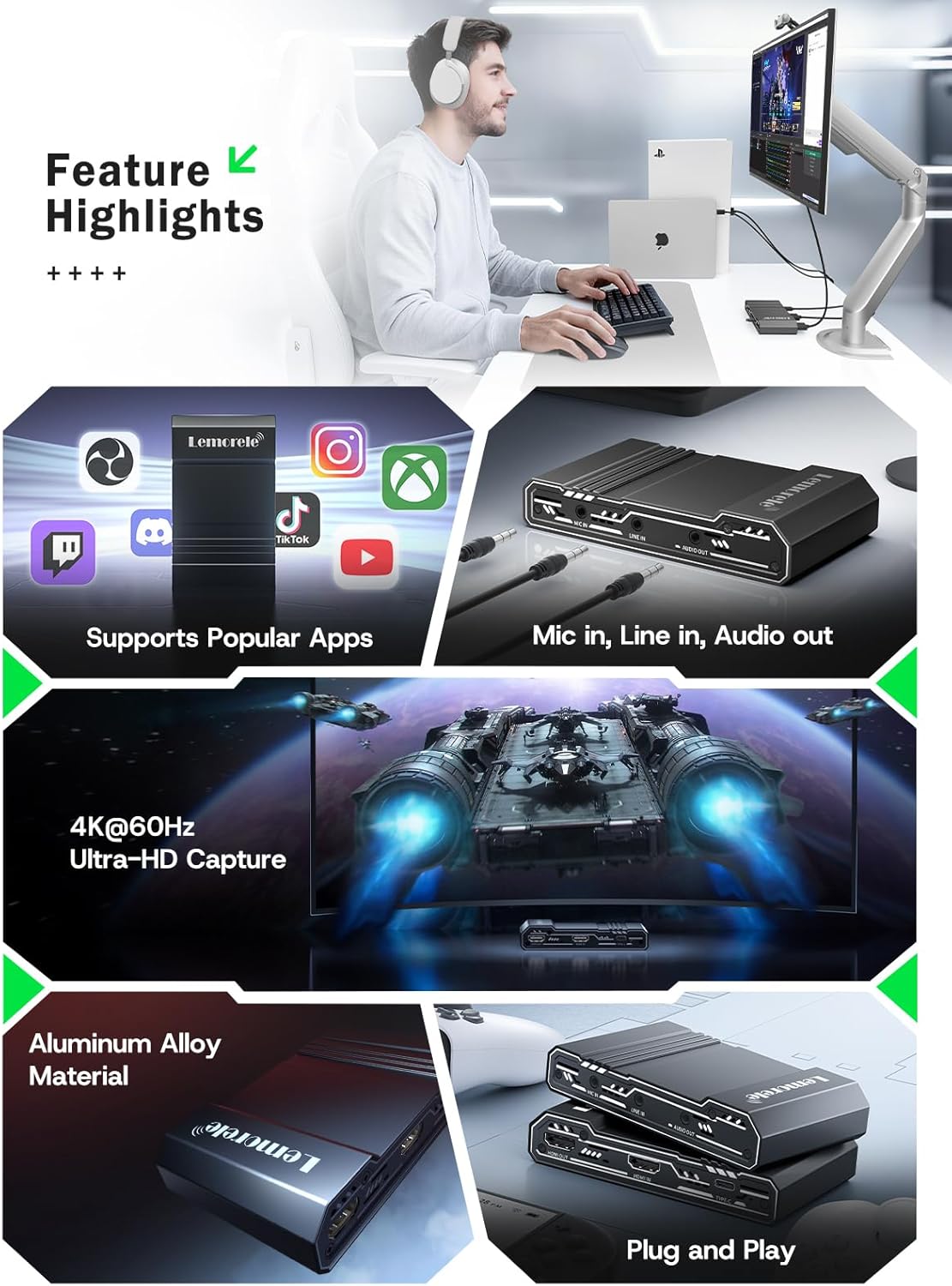 Principal view of Lemorele capture card showing HDMI Out, HDMI In, and Type-C ports