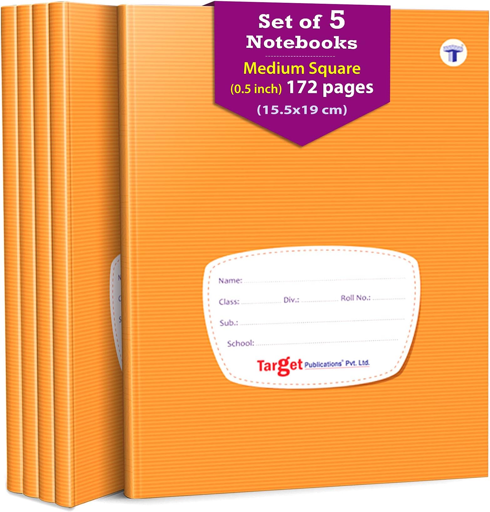 TARGET PUBLICATIONS Medium Square Ruled Notebooks | Square 05 inch | 172 Pages Jumbo Size | Hard Brown Cover | 15.5 cm x 19 cm Approx | Maths Exercise Small Grid Notebooks | Pack of 5 Books | GSM 57