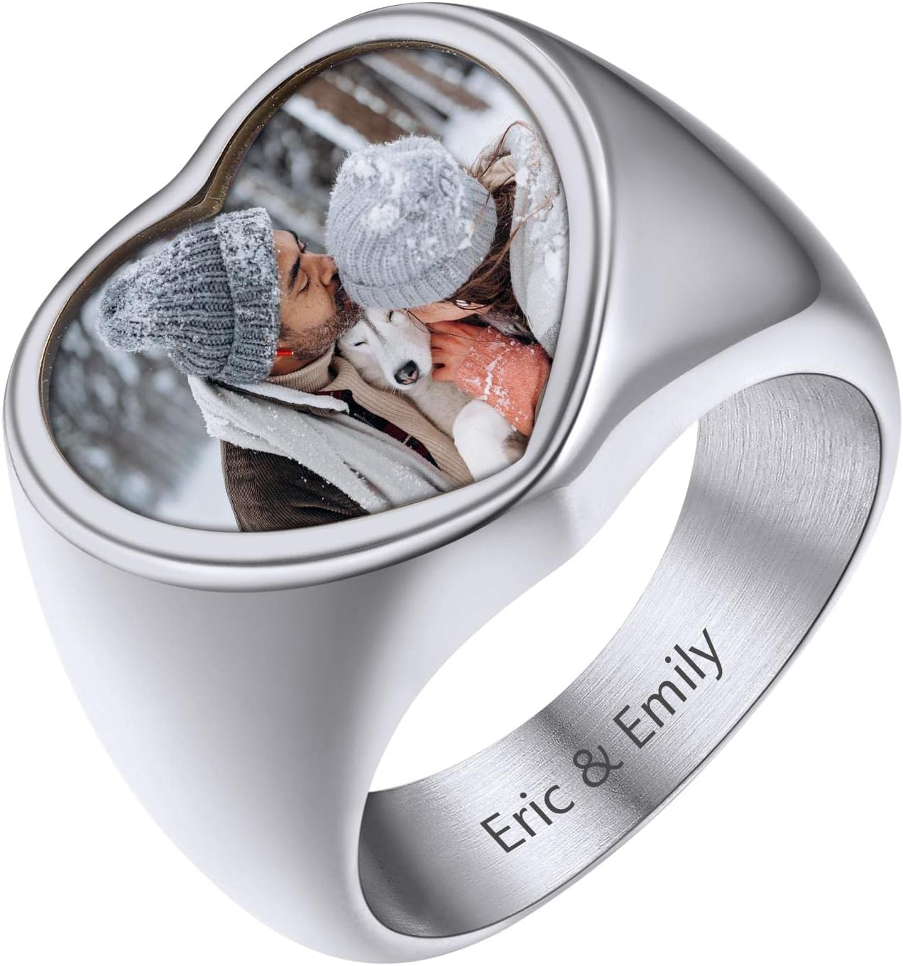 GOLDCHIC JEWELRY Custom Photo Rings for Men/Women, Stainless Steel Personalized Picture Engraved Bold Square Oval Heart Statement Ring in Black/Silver/Gold Color, with Gift Box (Size 7-14)