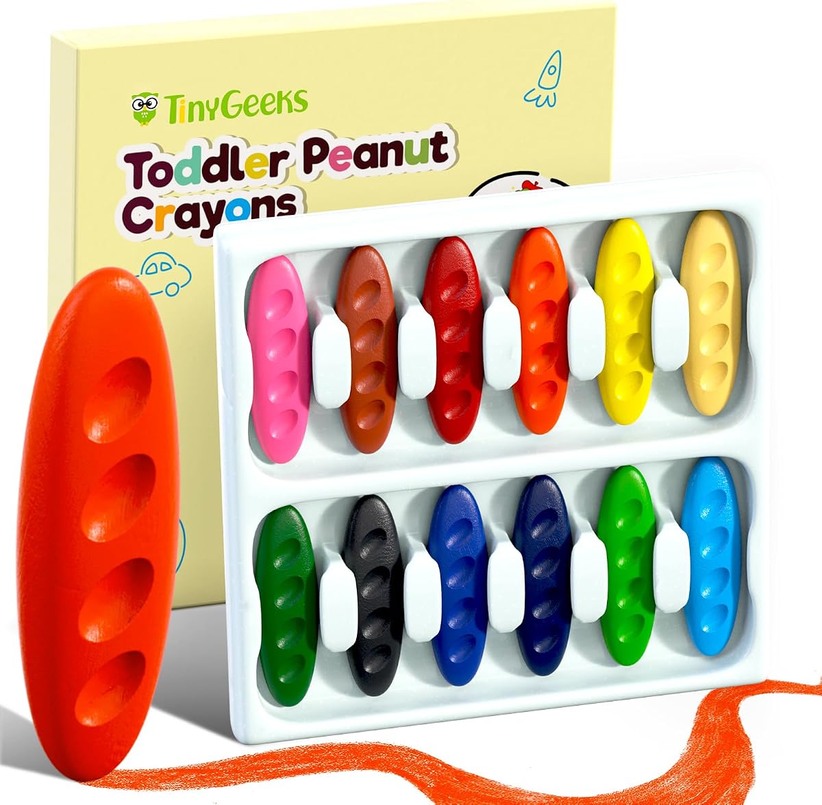 12 Peanut Crayons - Non Toxic Crayons for Toddlers - Washable for Kids Ages 4-8 - Easy To Hold - Toddlers 2-4 Years - Ergonomic Shape