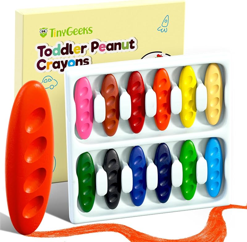 12 Peanut Crayons - Non Toxic Crayons for Toddlers - Washable for Kids Ages 4-8 - Easy To Hold - Toddlers 2-4 Years - Ergonomic Shape