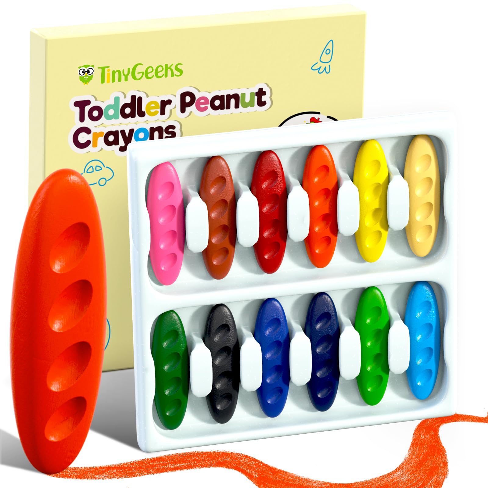 TinyGeeks 12 Peanut Crayons - Non Toxic Crayons for Toddlers - Washable for Kids Ages 4-8 - Easy To Hold - Toddlers 2-4 Years - Ergonomic Shape