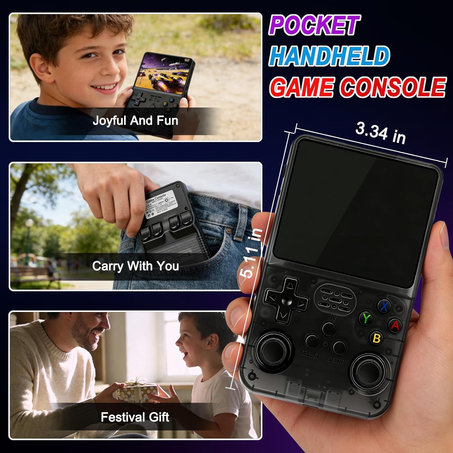 R36S Retro Handheld Game Console Built-in 20,000+ Classic Games and 15 Emulators, 3.6-Inch 640×480 IPS HD Screen, Linux System, 3500mAh Battery, Portable Video Gaming Console for Gifts (64GB Black)