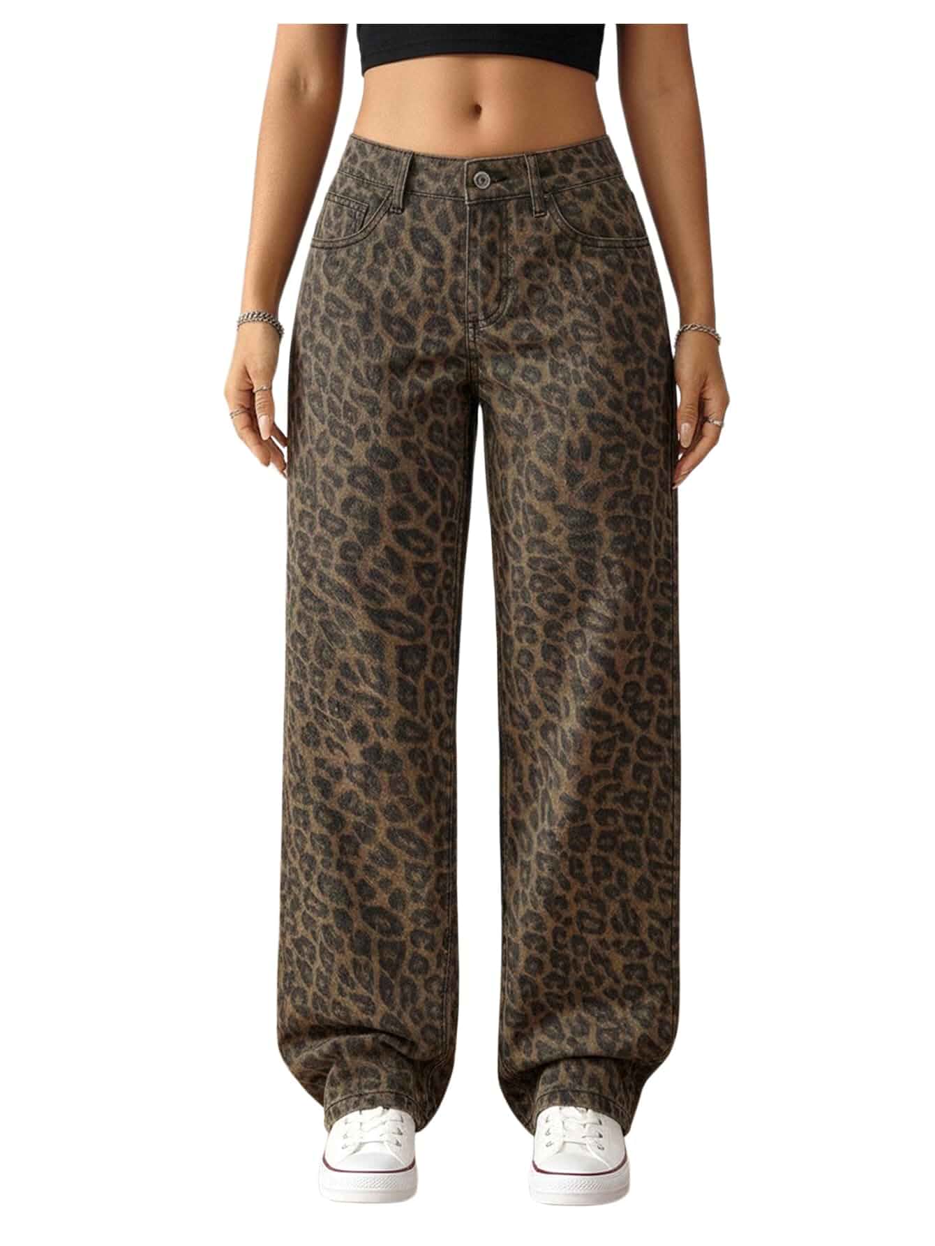 WDIRARA Women's Leopard Baggy Jeans Streetwear Wide Leg Denim Pants | Low Waisted，Pockets