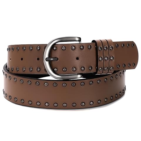SUOSDEY Women Leather Rivets Belts for Jeans Pants Dresses Studded Leather Belts with Silver Buckle