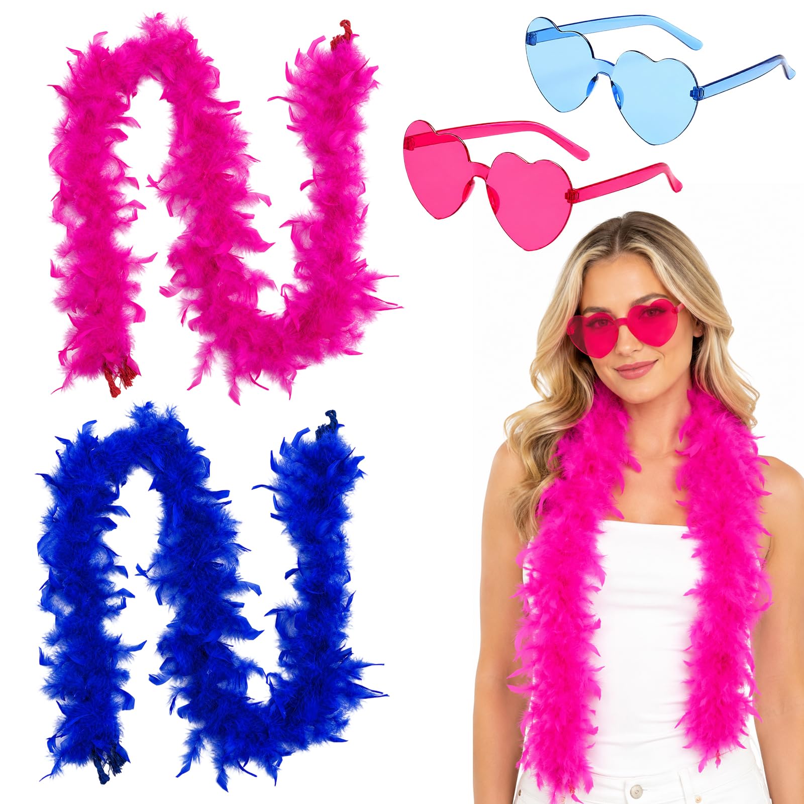 4PCS Feather Boa, Feather Scarf Set with Pink Boa, Blue Feather and Heart-Shaped Glasses, for Carnival, Music Festival, Role-Playing, Stage Performance and Bachelor Party Decoration