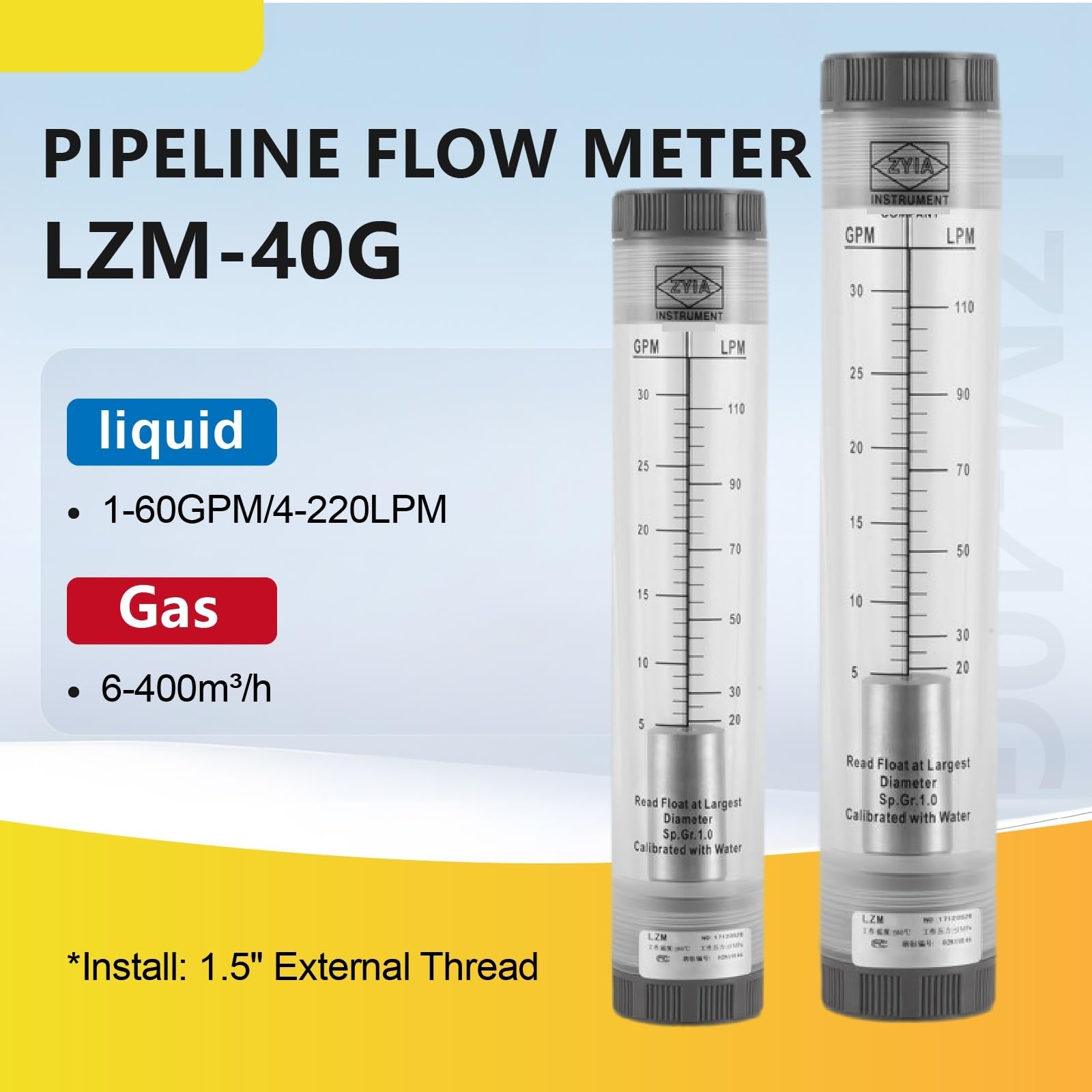 Rotámetro DN40 del medidor de Flujo de área Variable en línea de PVC roscado(Liquid-1-10GPM)