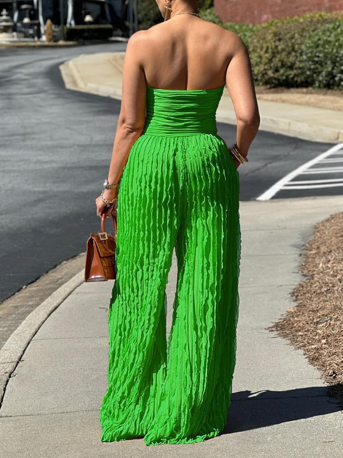 Women Sexy Strapless Tube Backless Jumpsuit See Through V Neck Tie Pleated One Piece Wide Leg Long Pants Romper - Image 2