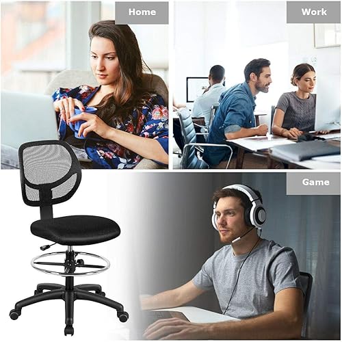 Miniatura 8 de SIMOE Silla de dibujo negra, silla de oficina alta con respaldo, silla de oficina en casa ajustable en altura sobre ruedas, silla ergonómica