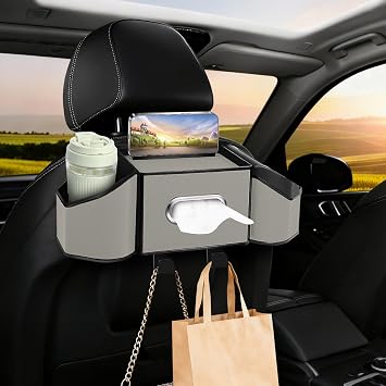 7-In-1 Car Seat Back Organizer with Cup Holders, Tissue Box, Garbage Can&Hooks, Multifunctional Headrest Storage Organizer, Headrest Cup Holder for Backseat, Car Accessories for Trips, TravelsGray