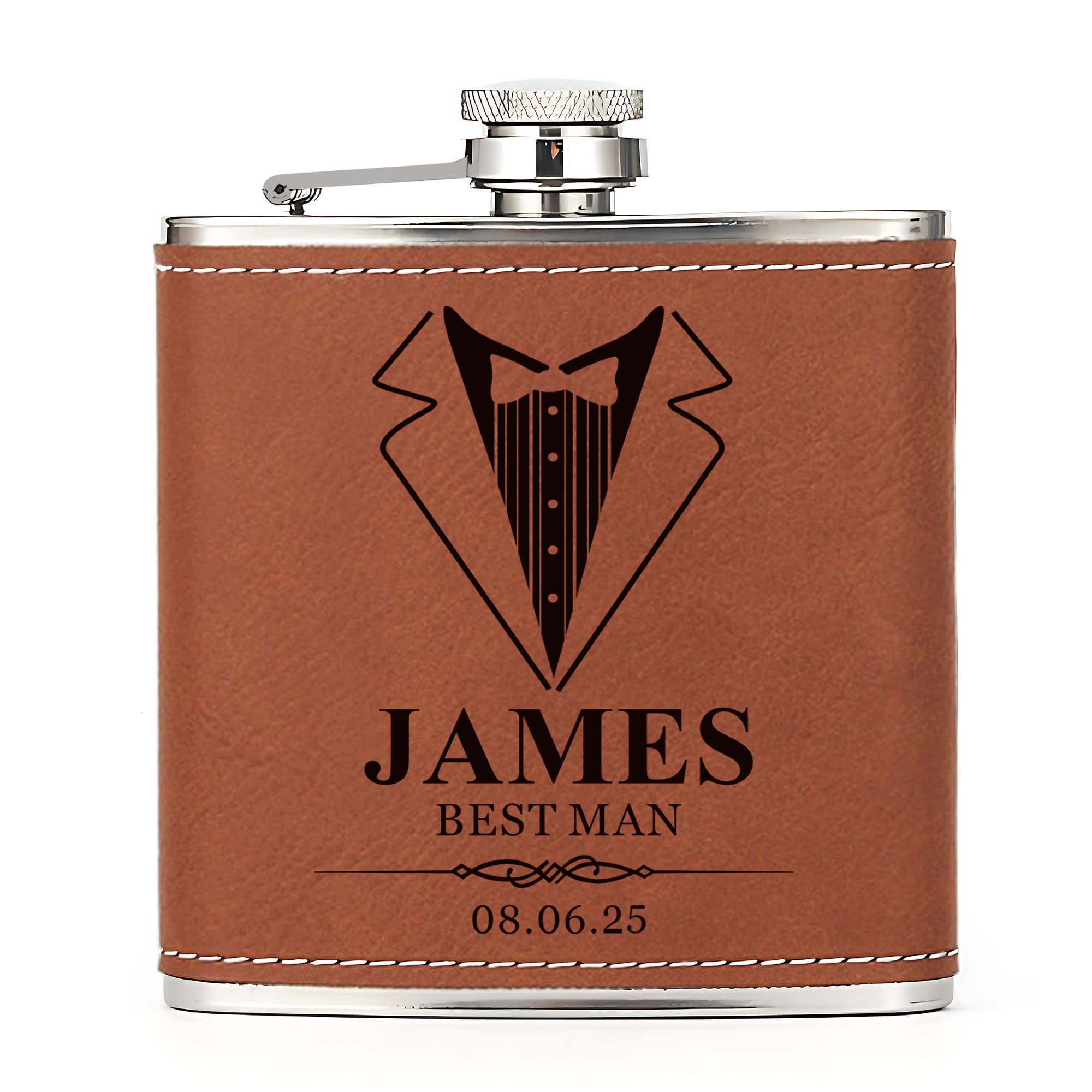 Hip Flask Personalised Hip Flask for Men Custom Engraved PU Leather Hip Flasks Whisky Flask Wedding Best Man Gifts for Usher Groomsmen Groom Father of The Bride (Brown, Design 2)