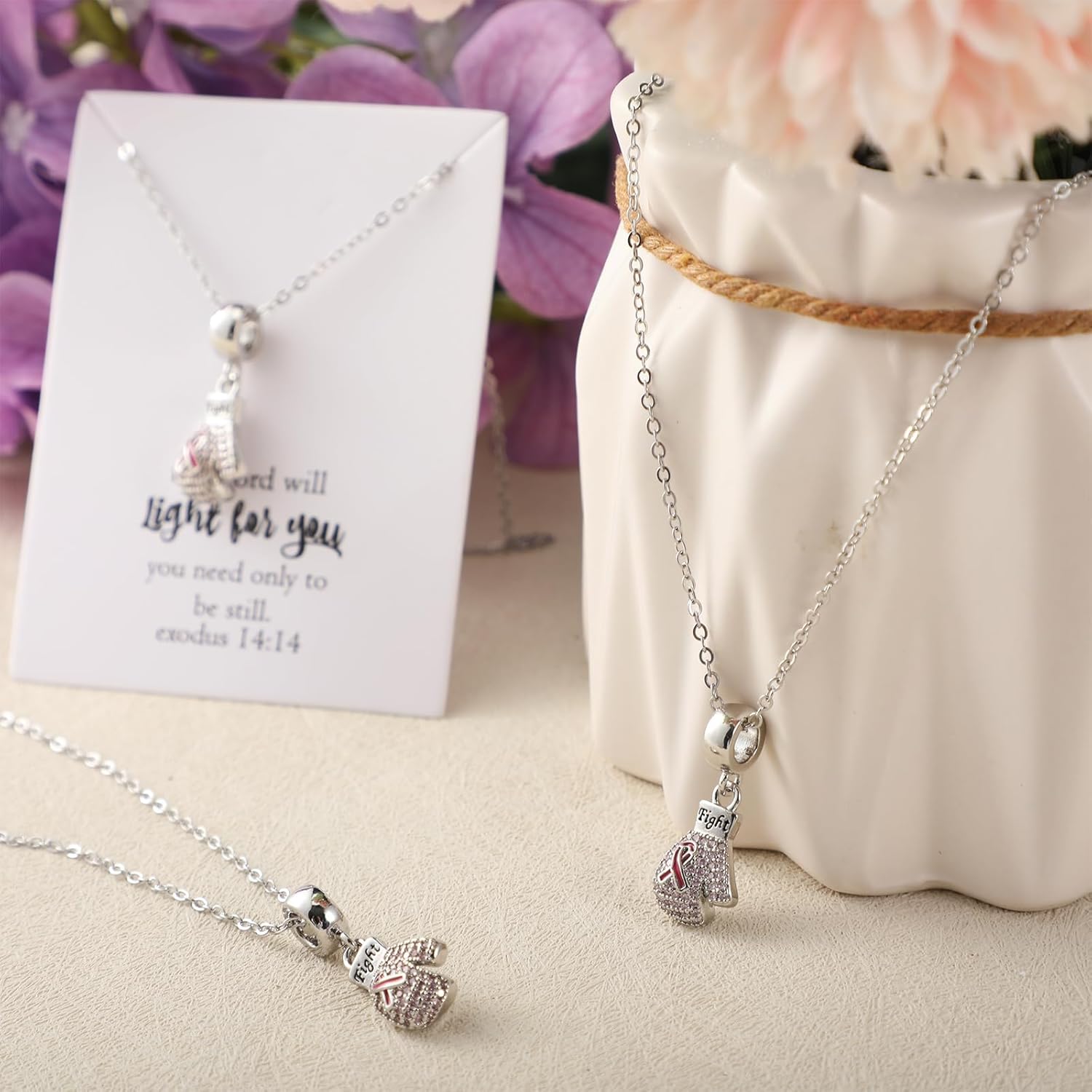 Tondiamo 10 Sets Breast Cancer Awareness Necklaces Bulk Pink Ribbon Crystal Charms Boxing Glove Fight Gift Necklaces with Encouragement Cards for Women Charity Survivor Campaign Party Favors - Image 3