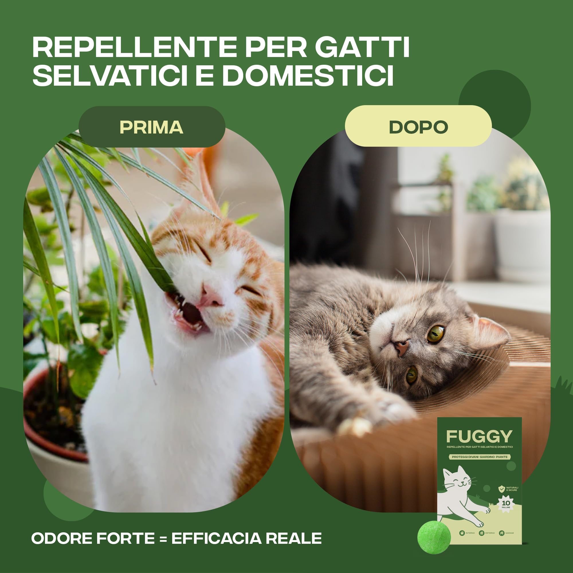FUGGY - Repellente per Gatti Divano Naturale – Dissuasore e Disabituante Gatti per Interno ed Esterno – 12 Palline + 5 Buste – Anti Gatto Divano e Giardino