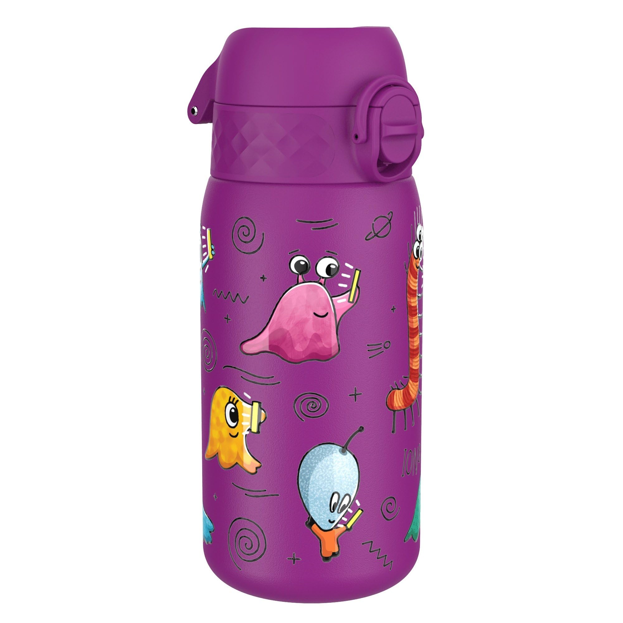 Ion8 Gourde Enfant, Inox Léger, 400ml, Non Isolé, Anti-Fuite, Facile à Ouvrir, Verrouillage Sécurisé, Lavable au Lave-Vaisselle, Poignée de Transport, Acier Inoxydable, Dinosaure