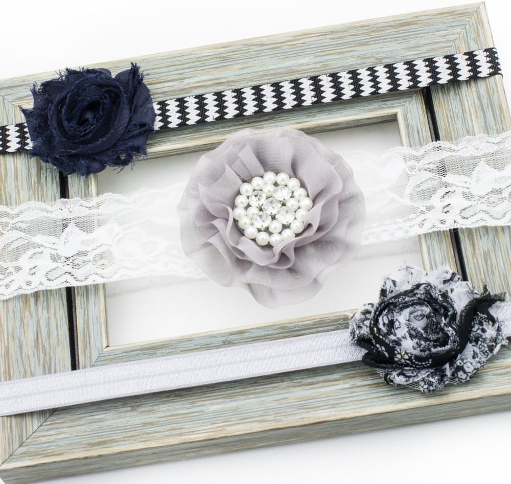 Baby Headbands Newborn Infants Women Cute Teens Girls New Hair Accessories Cheap 6 Month Set Wholesale in a Pack Lot in Bulk Flowers Plain Wedding White Grey Blue Elastic Lace Chiffon Rhinestone, 18 in - CHILDREN