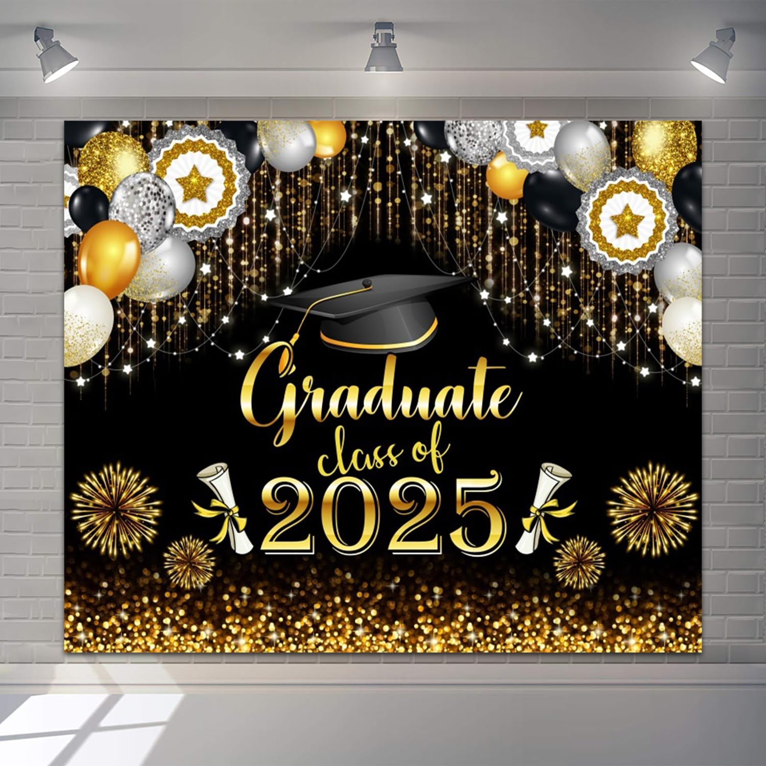 hraiufc Graduation Class of 2025 Backdrop 10x8ft Vinyl Black Gold Sparkling Balloon Background Photography Party Decorations