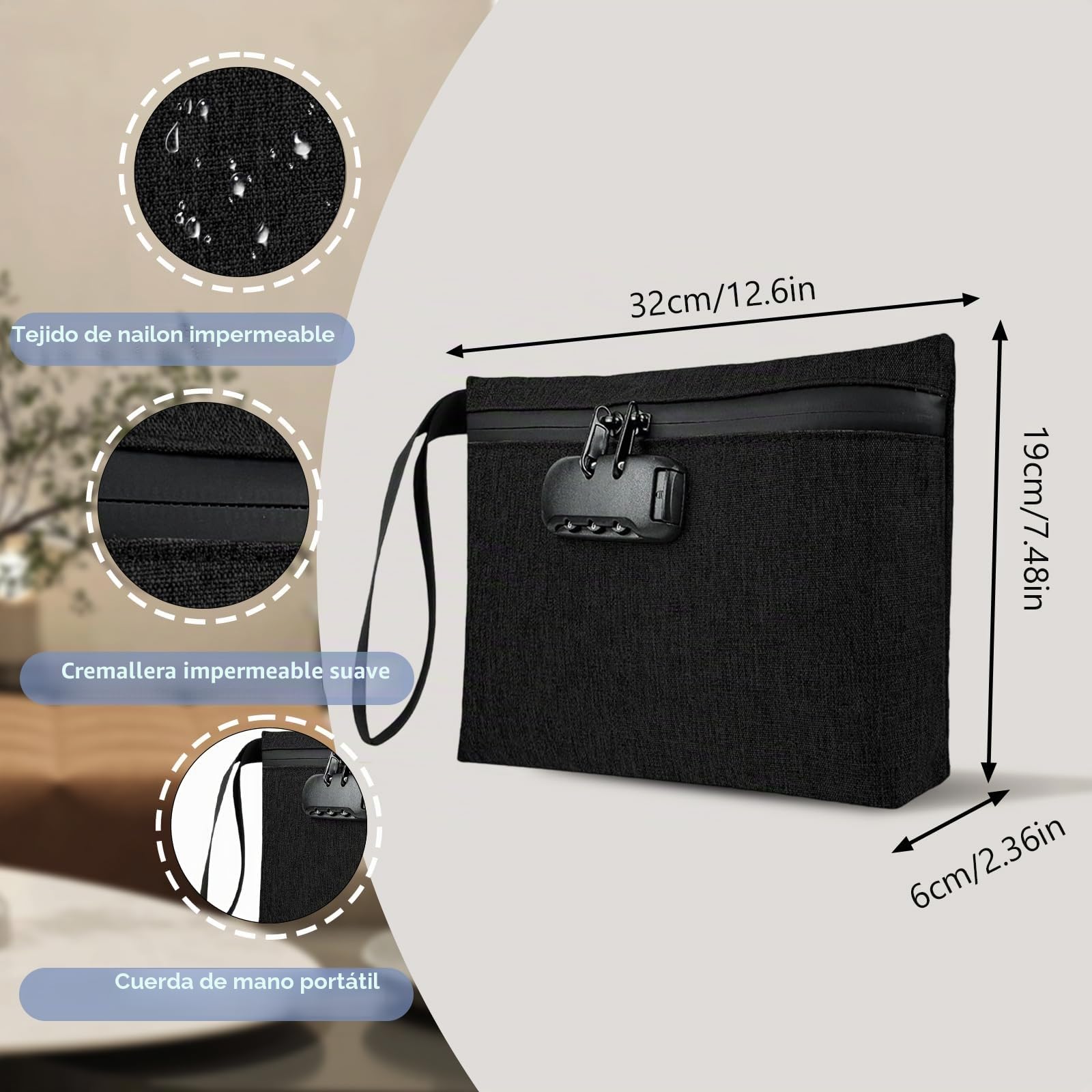Bolsa antiolor con Cerradura de combinación, 32 x 19 cm, Bolsa de Dinero Impermeable Segura, Forro de Carbono, Gran Bolsa de Almacenamiento antiolor, Protege Efectivo, Pasaporte, Billetera