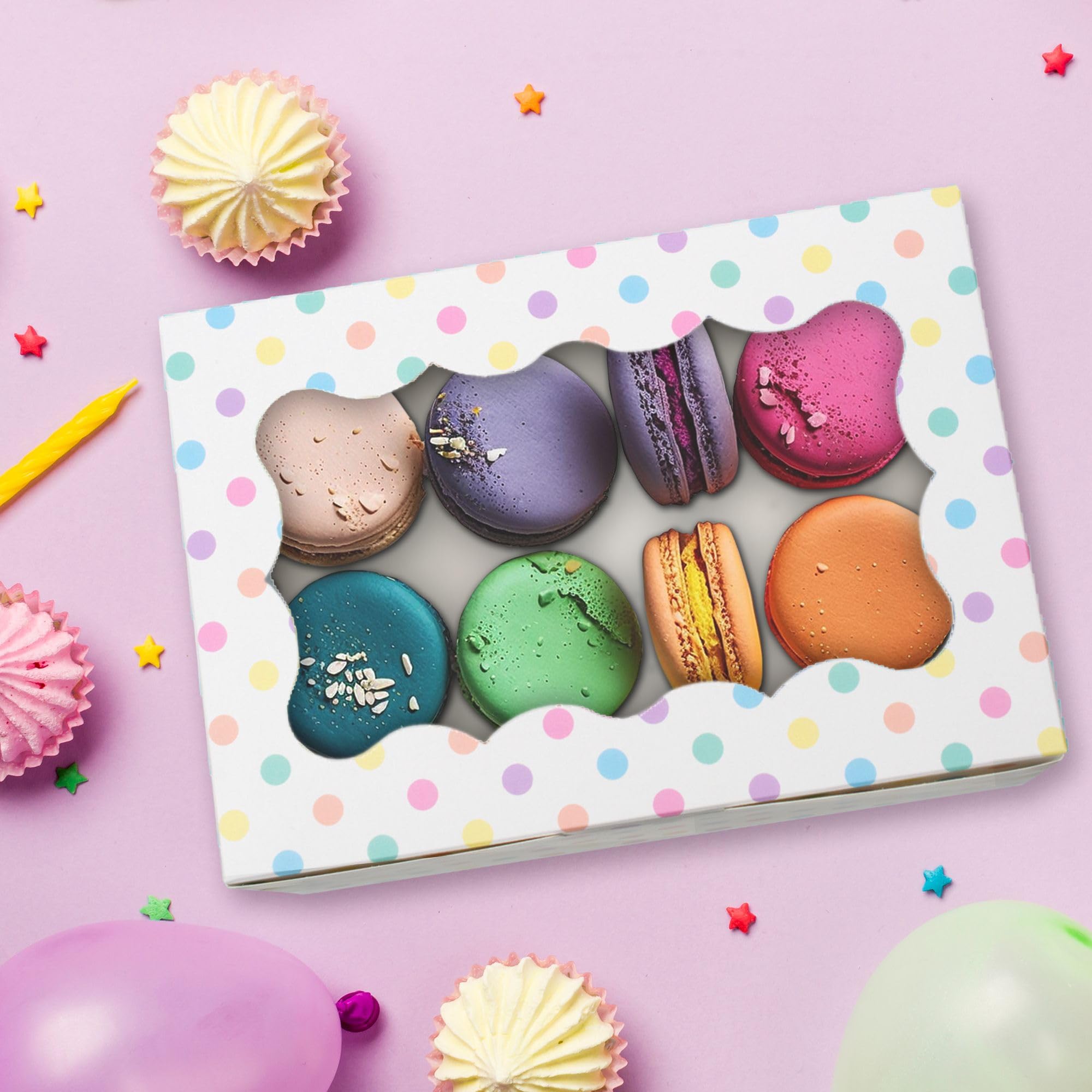 Cajas de galletas de lunares, paquete de 12 unidades, cajas de galletas de lunares pastel con ventana, bonitas cajas de regalo de panadería coloridas para cumpleaños, cupcakes, pasteles, fresas