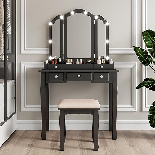Tocador de maquillaje con luces espejo plegable de tres piezas, escritorio de tocador con espejo y luces, 5 cajones, tocador con espejo iluminado