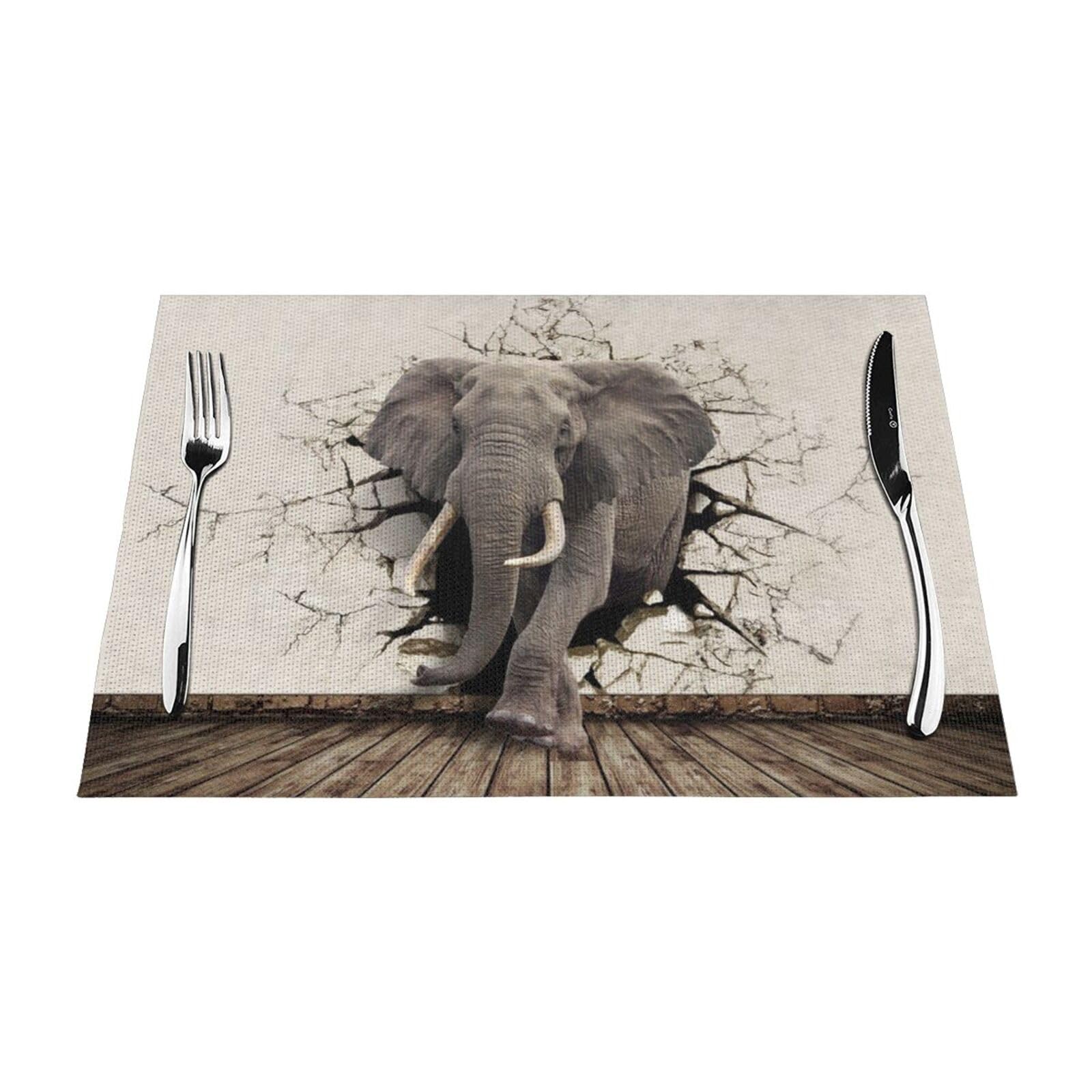 PVC Placemat Set of 6 PCS, 45x30 CM, Broken wall elephant Printed Non-Slip Heat Resistant Place Mats for Kitchen Dining Table Indoor Outdoor