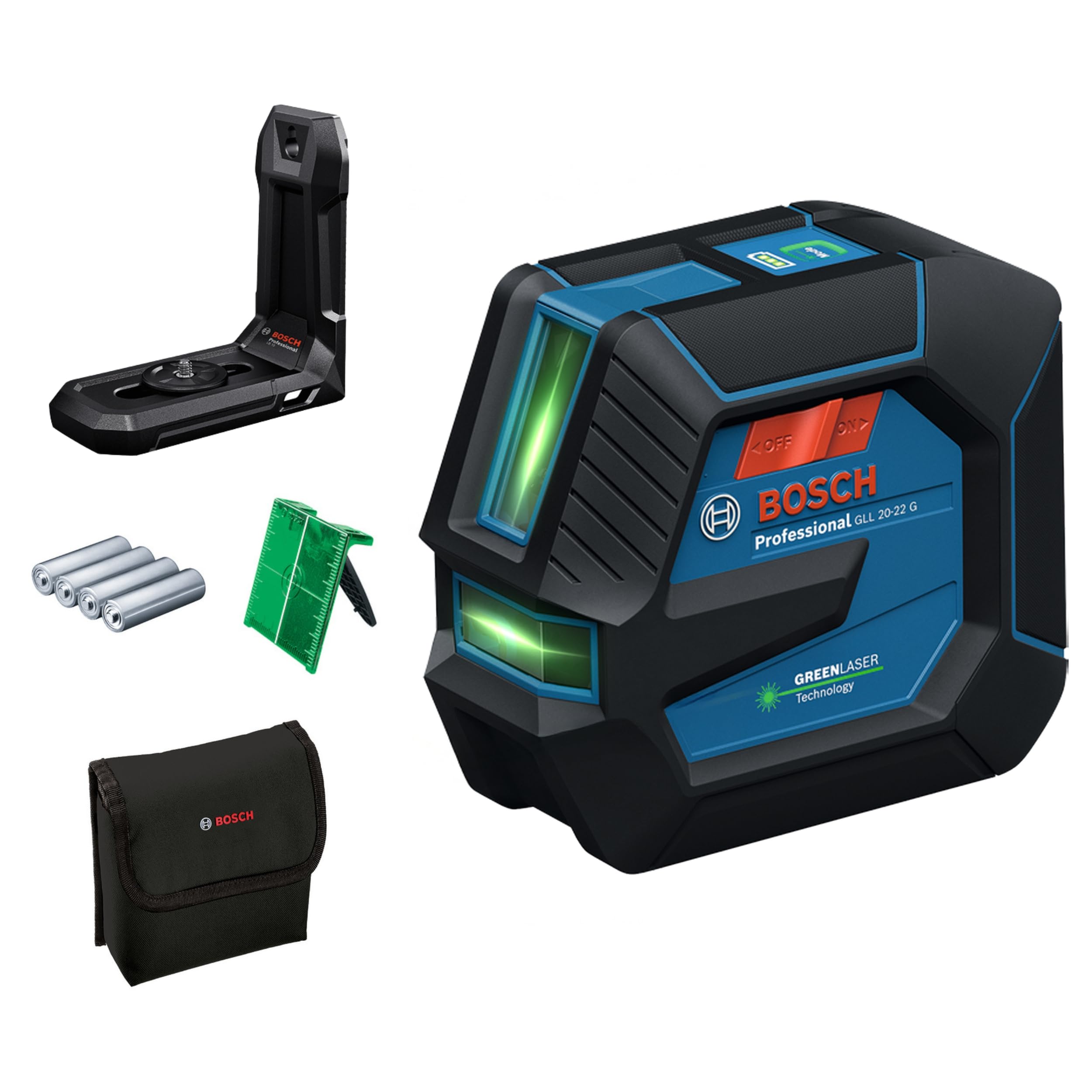 Bosch Professional line Laser GLL 20-22 G Bracket LB 10, Green Laser, Indoor use, Dual Power Source, 2 x 1.5V LR6 Batteries, Protective Bag