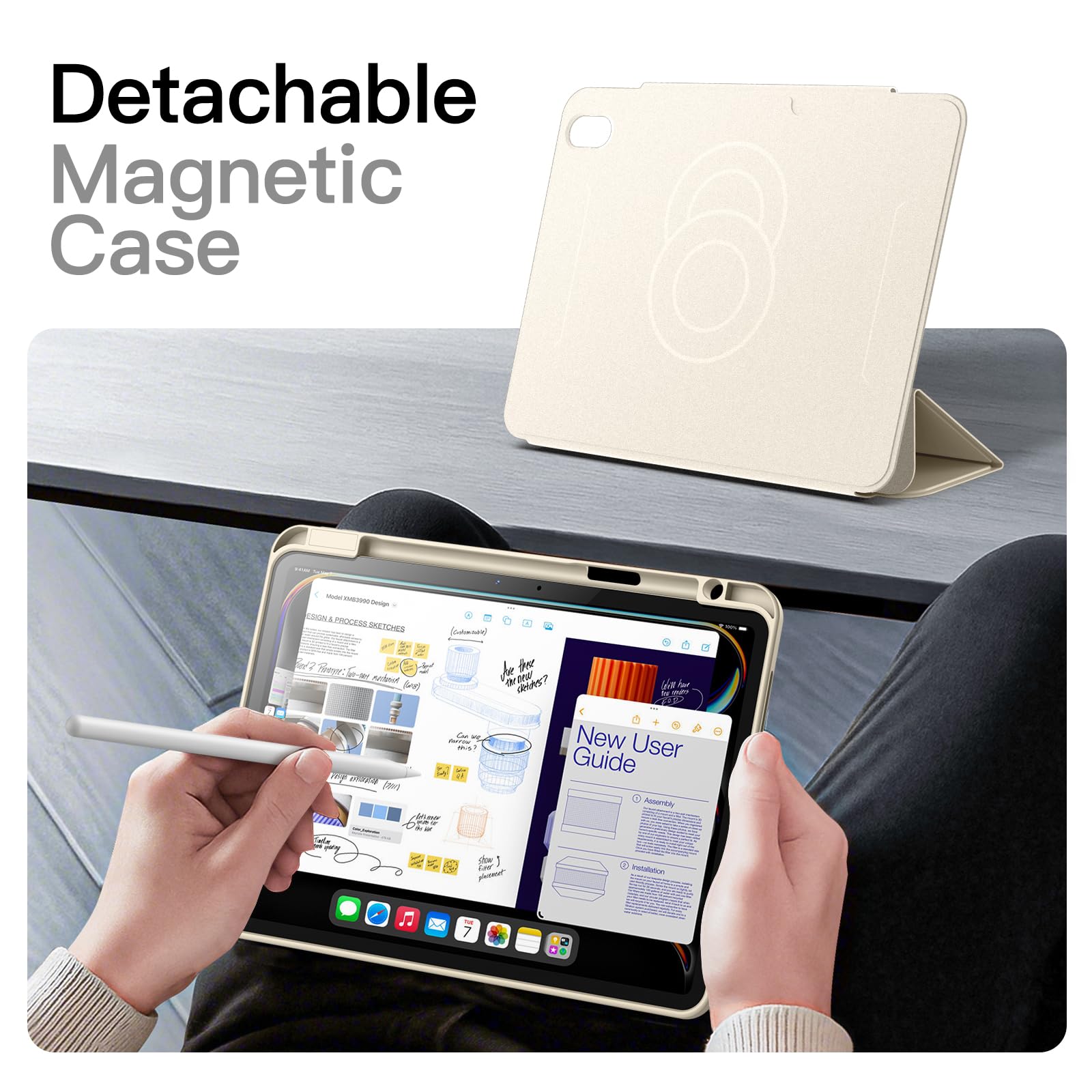 JETech Funda Magnética Desmontable para iPad Air 11 Pulgadas M4/M3/M2 (2026/2025/2024), iPad Air 5.ª/4.ª con Soporte para Pencil, Carcasa Giratorio Extraíble, Retrato/Paisaje (Blanco Estrella)