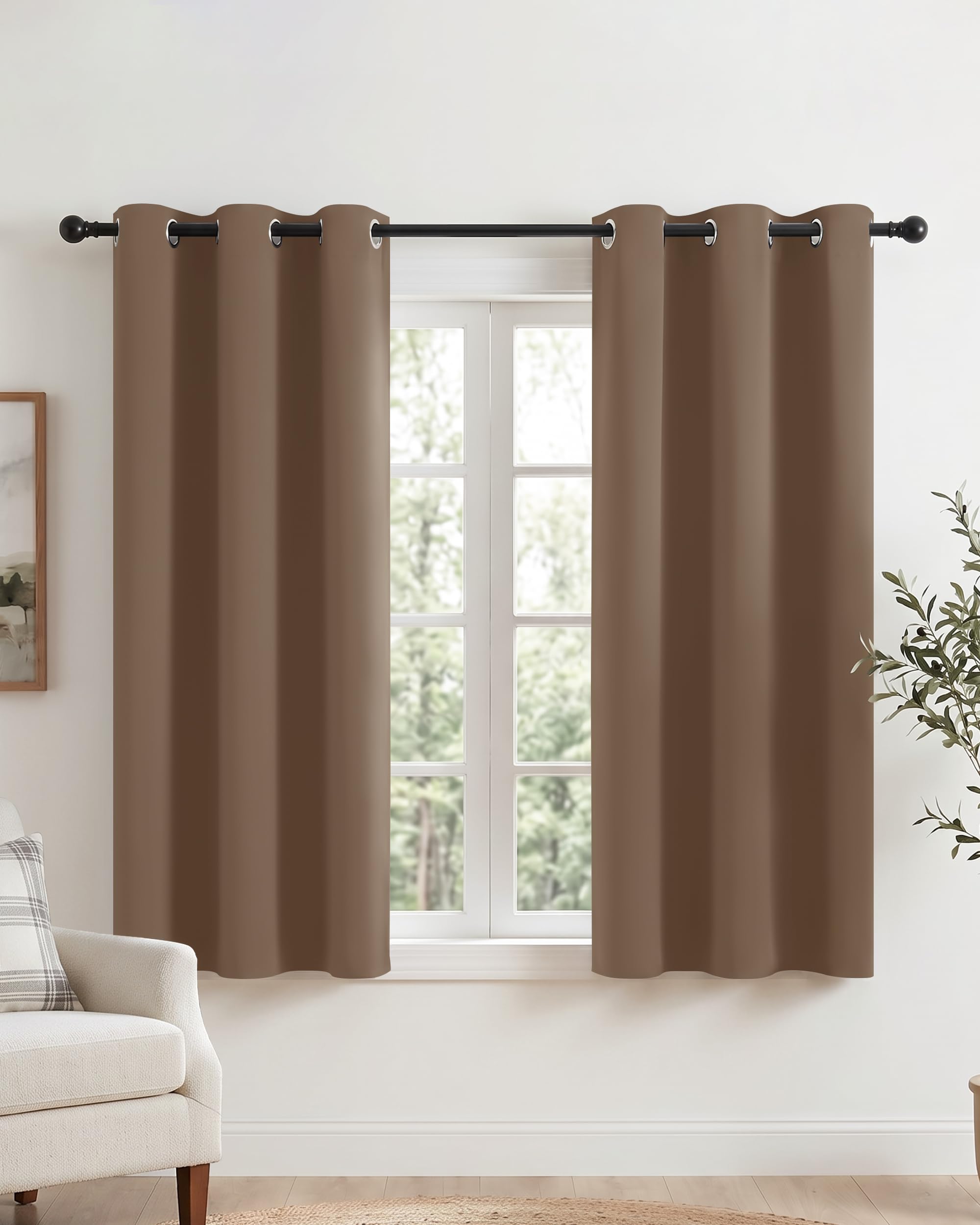 PONY DANCE Short Eyelet Blackout Curtains Mocha, Thermal Insulated Room Darkening Drapes for Dining Room & Kitchen, Essential Energy Saving Privacy Barrier, 2 Panels W42 xL45
