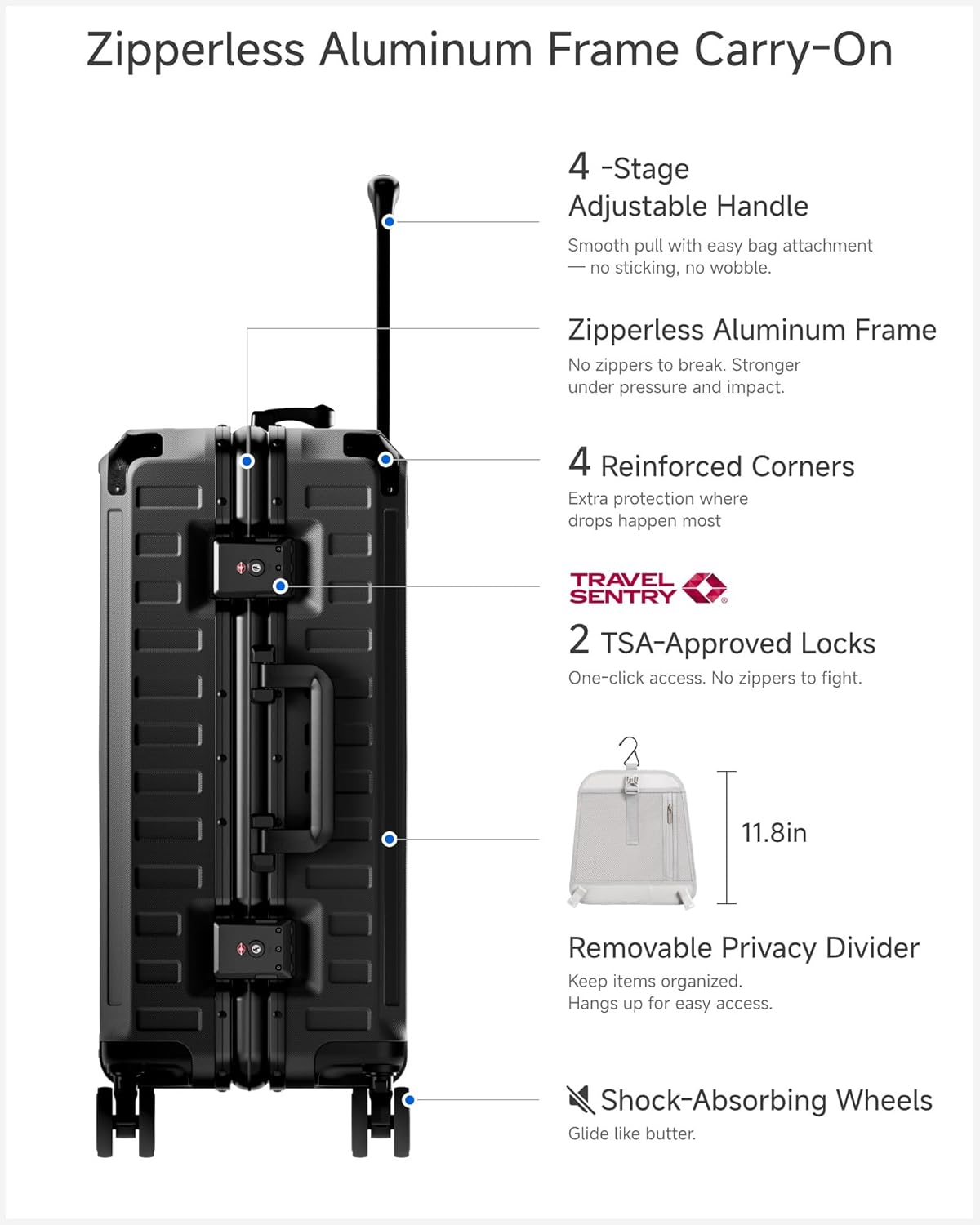 LUGGEX Carry On Luggage with Spinner Wheels, 8010S Aluminum Frame Zipperless Polycarbonate Hard Shell Suitcase (ZX-Core, Black, 21 Inch) - Image 2