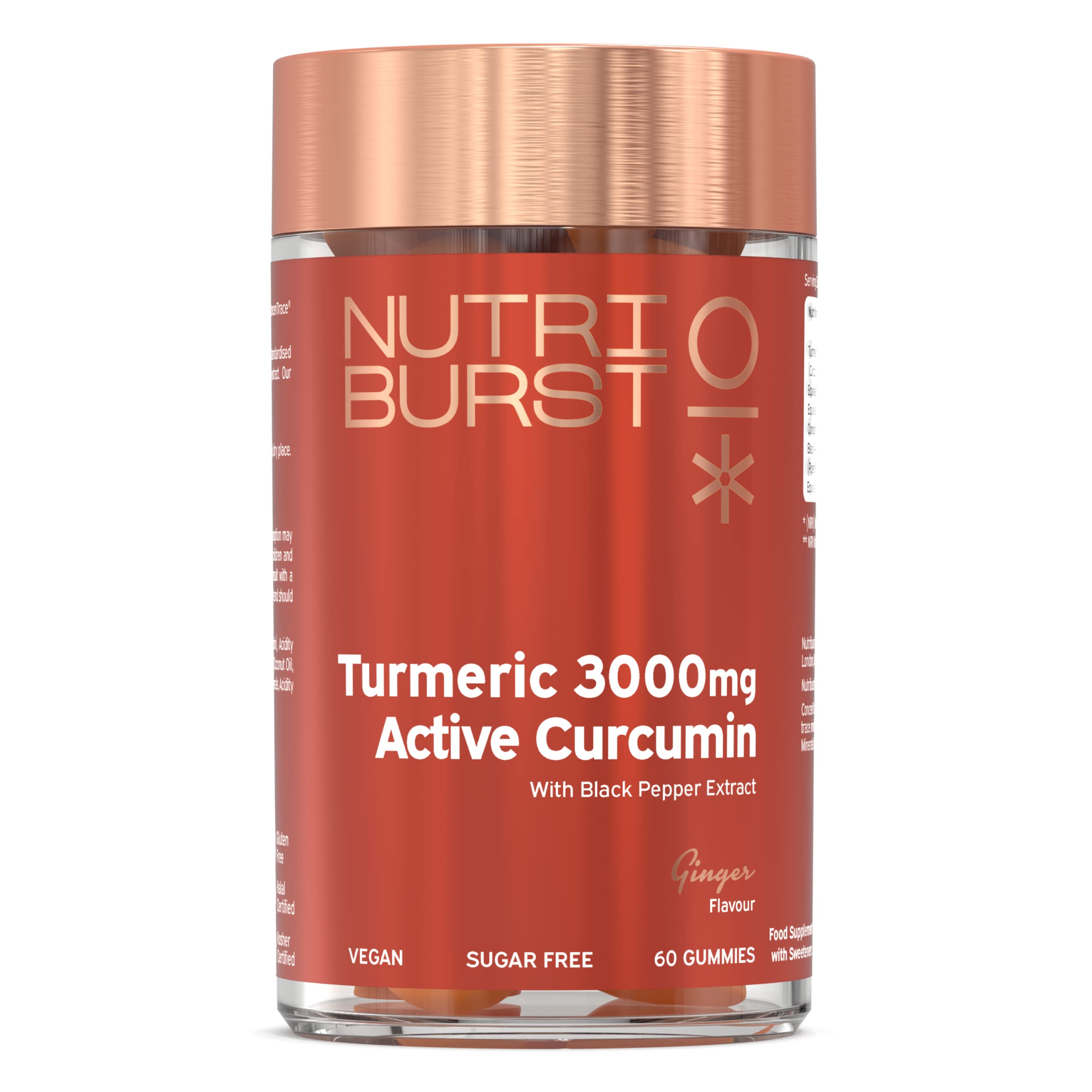 Nutriburst Turmeric Curcumin with Black Pepper Extract - Powerful Antioxidants & Anti-inflammatory, Supports Joint & Muscle Health - Vegan, Sugar Free - 60 Ginger Gummies - 1 Month Supply