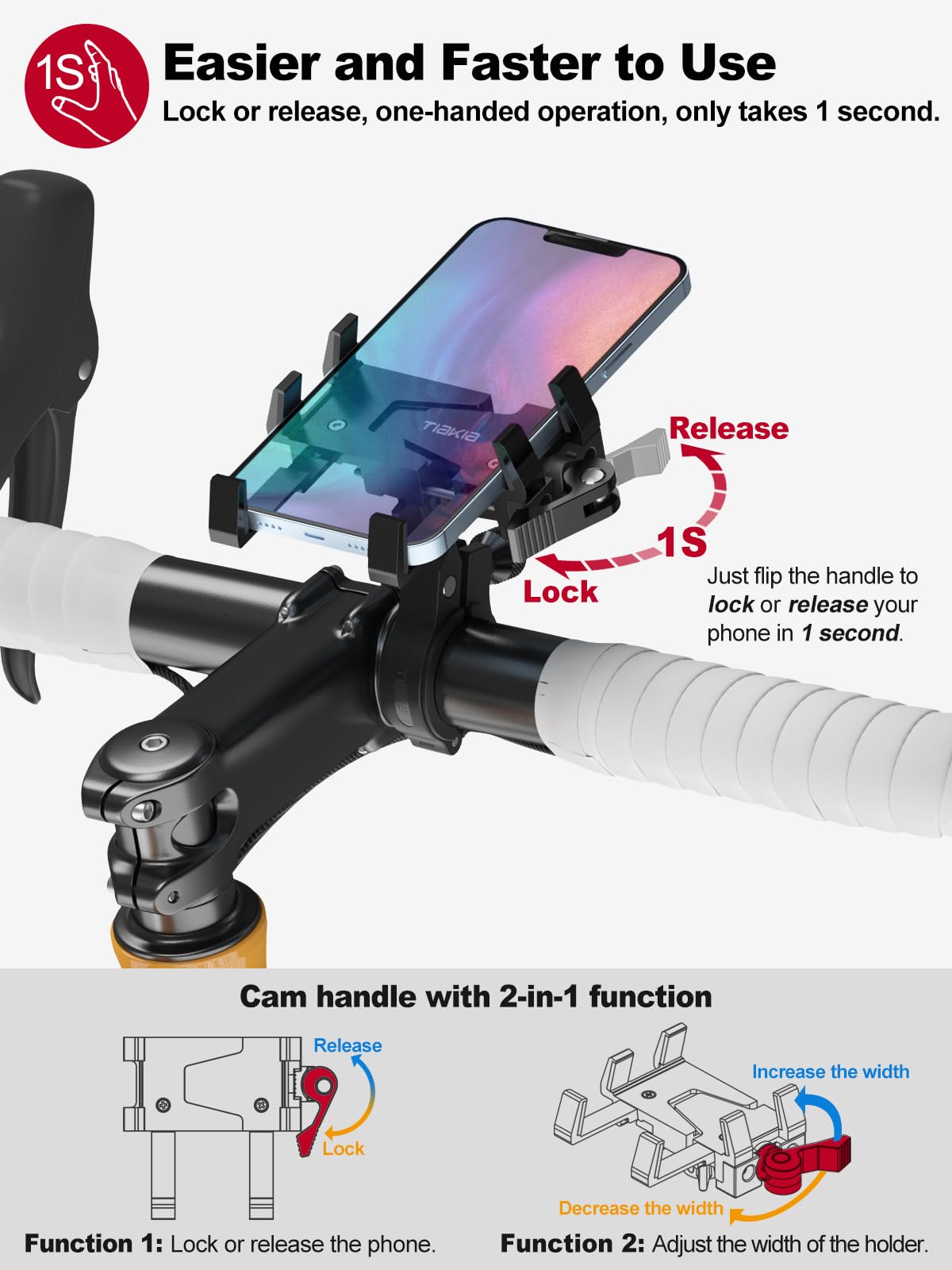 Tiakia Supporto Telefono Bicicletta, per Motociclo-Lega di Alluminio con Rotazione a 360° Metallico Porta Cellulare Bici per 4.5-7.0 pollici Smartphones