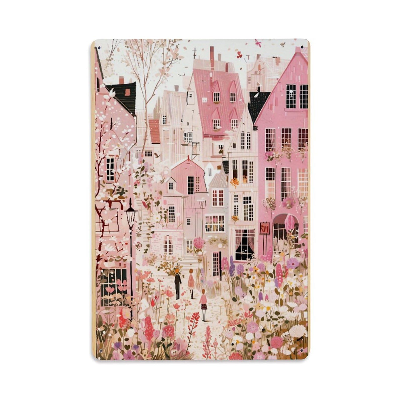 Jdfenggu Vintage Pink Town Spring Flowers People Retro Metal Tin Sign, Decor Art Poster For Bar, Home, Man Cave, Kitchen, Laundry Room Gift 8X12inch