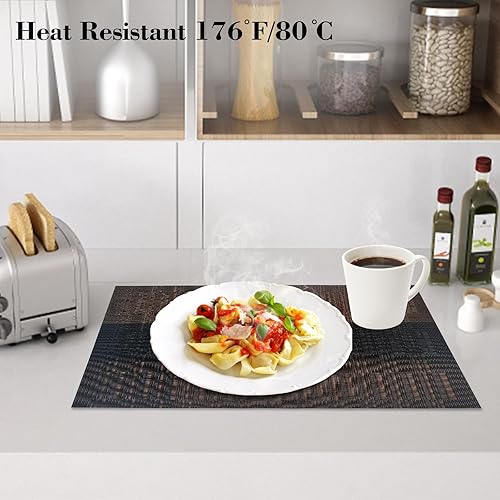 Miniatura 3 de Juego de 6 manteles individuales resistentes al calor para mesa de comedor, manteles individuales de vinilo tejido, fáciles de limpiar, lavables, 18