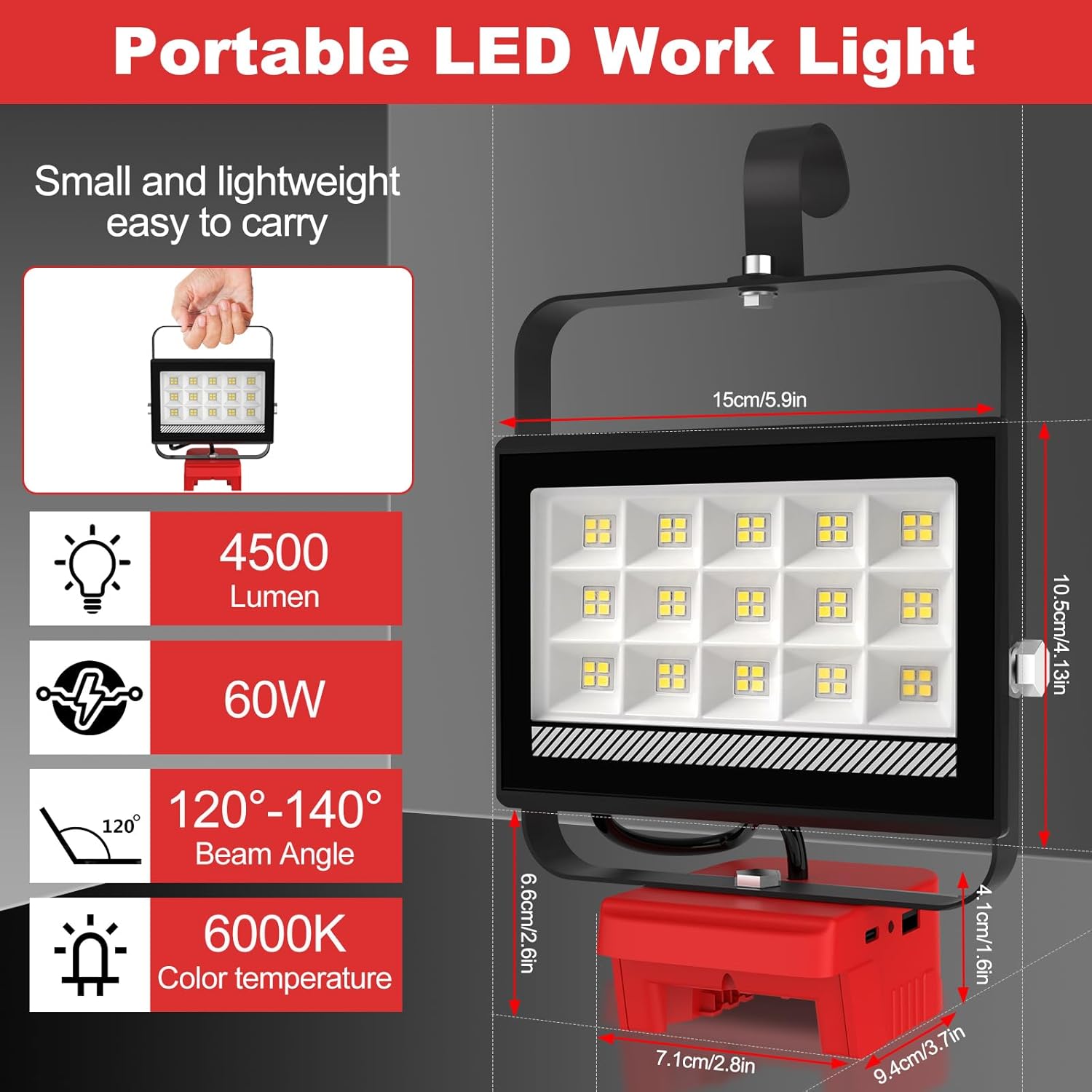 T-SUN 60W Cordless Work Light Compatible with Milwaukee 18V/20V Battery(Not Included), with USB & Type C Charging Port, Portable Led Light for Jobsite, Emergency, Garage, Car Repair