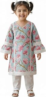 LITTLE GINNIE Cotton Kurta Set for Girls, Blue Floral Salwar Suit Set for Kids Girls Price In India