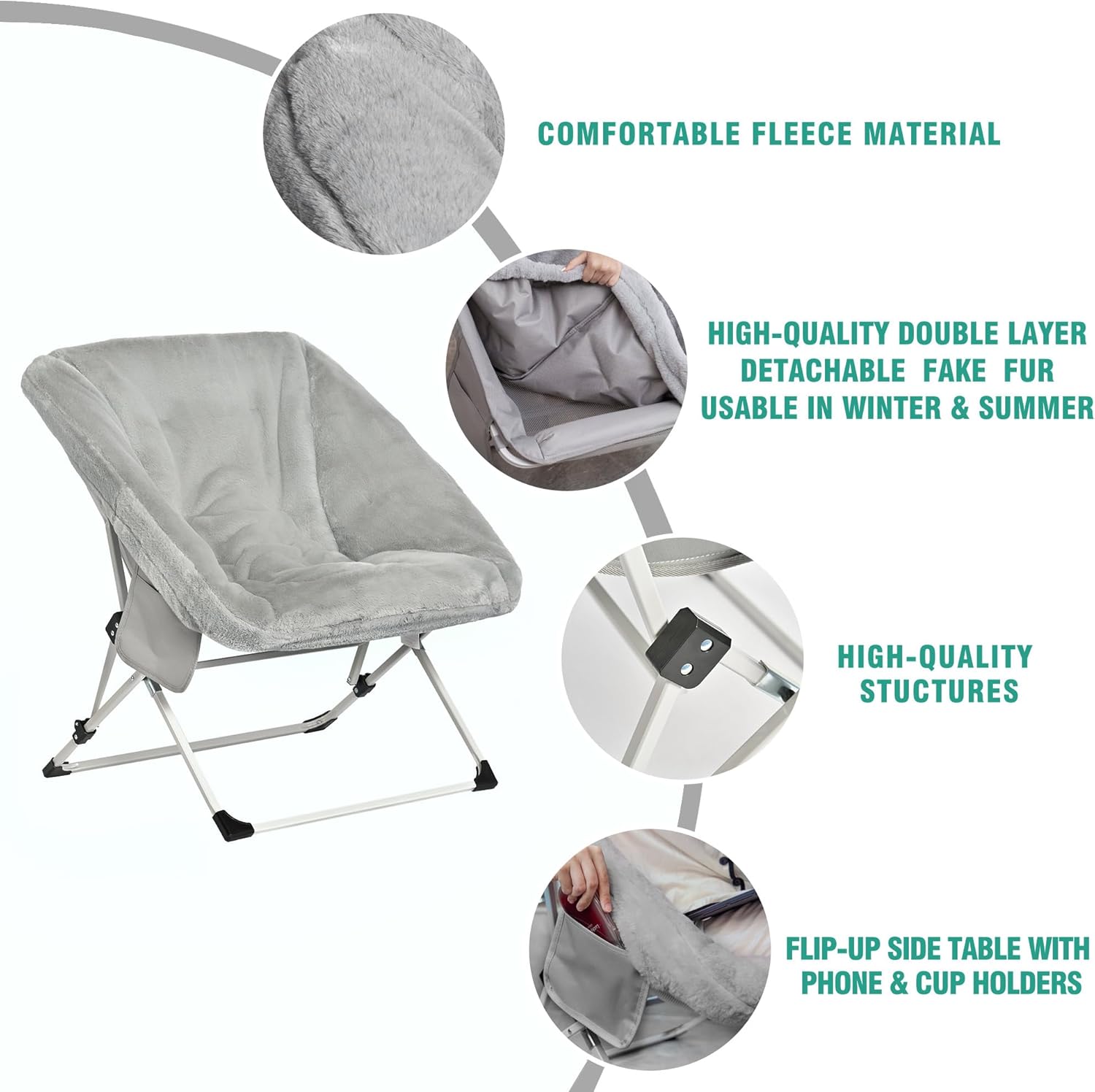 SUNNYFEEL Comfy Folding Saucer Chair for All Seasons,Removal Faux Fur Soft Chair for Adults,Reading Chair for Living Room, Bedroom, Dorm, Metal Frame Moon Chair(Grey)