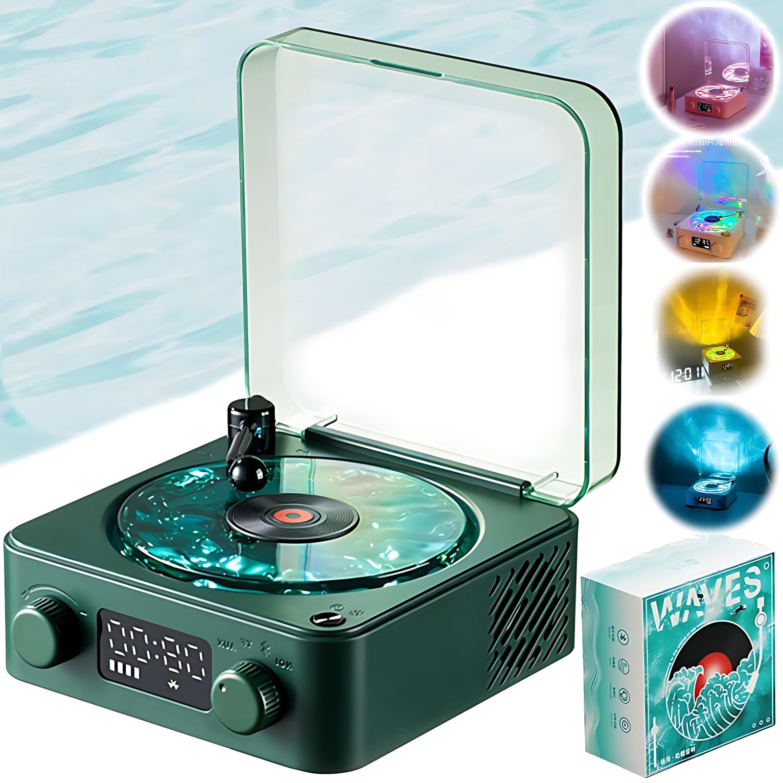 The Waves Vinyl Player in Christmas Green color, showcasing its unique design with a small record and ambient lighting.