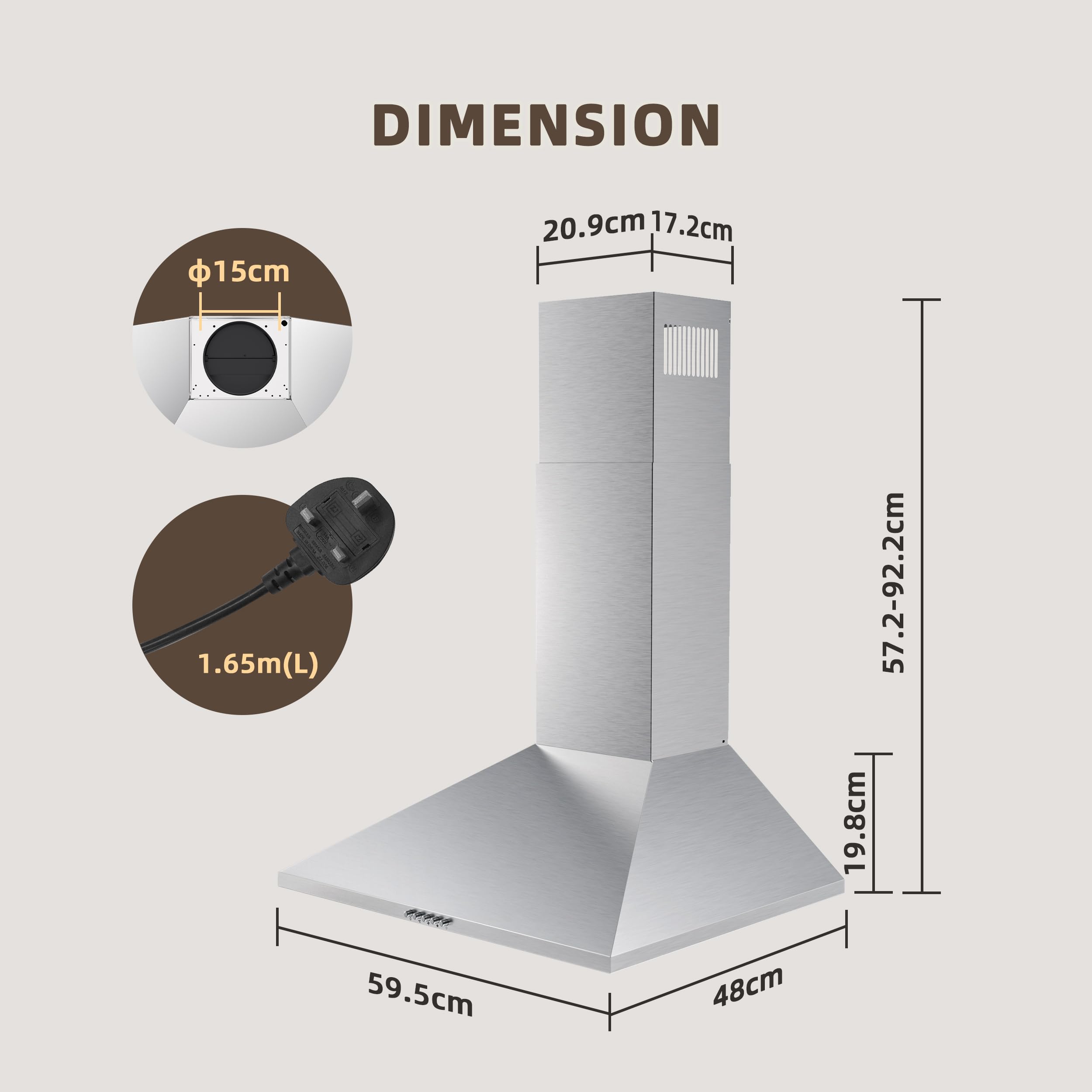 FIREGAS 60 cm Chimney Cooker Hood with Brushless Motor,Stainless Steel Extractor Hood with LED and Recirculating & Ducting System Wall Mounted Range Hood with Recirculating Carbon Filter — view 7