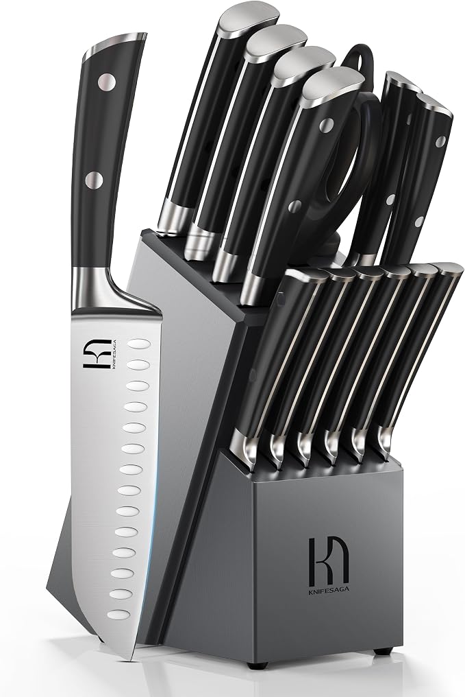 Knife Set, 15 Pcs Kitchen Knife Block Sets with Sharpener, Japanese High Carbon Stainless Steel Set of Knives, Premium Razor Sharp Black Knives Set with Block for Kitchen, Ergonomic Handle