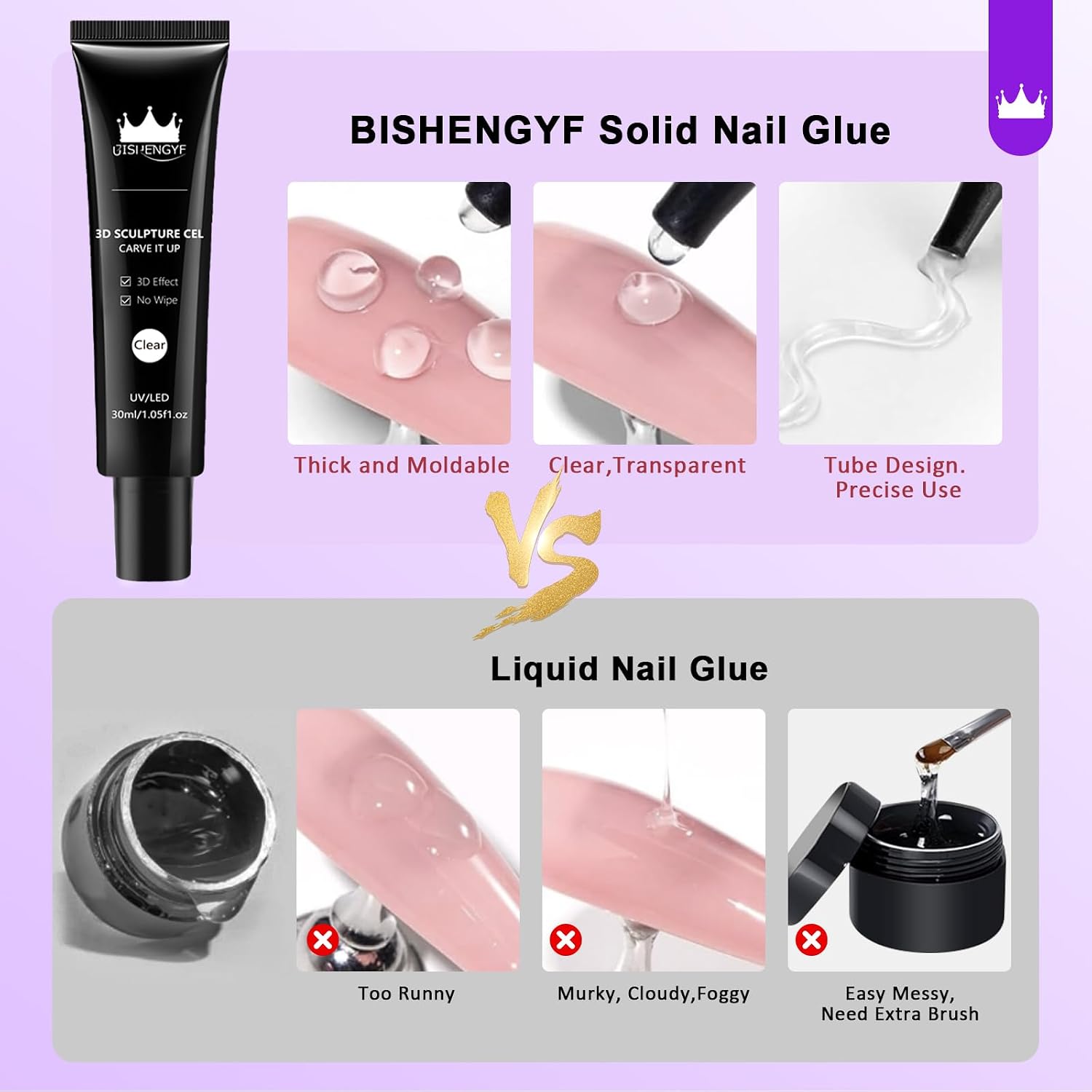 30g Large Capacity 3D Nail Gel Art BISHENGYF - No Wipe Clear 3D Sculpting Gel for Nails, Super Nail Molding Gel for Carving, Molding and Painting Manicure Designs, Rhinestone Glue for Gems Decoration