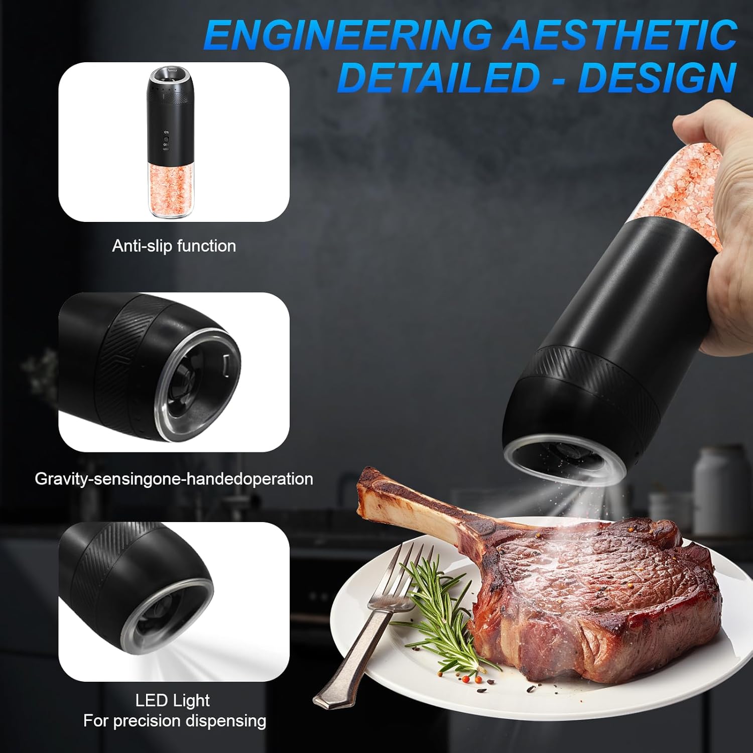 Electric Rechargeable Salt and Pepper Grinder Set Automatic Battery Pepper Mill Shakers Adjustable Coarseness Easy Filling Upgraded Larger Capacity with Led (2 Pack Black/Black）