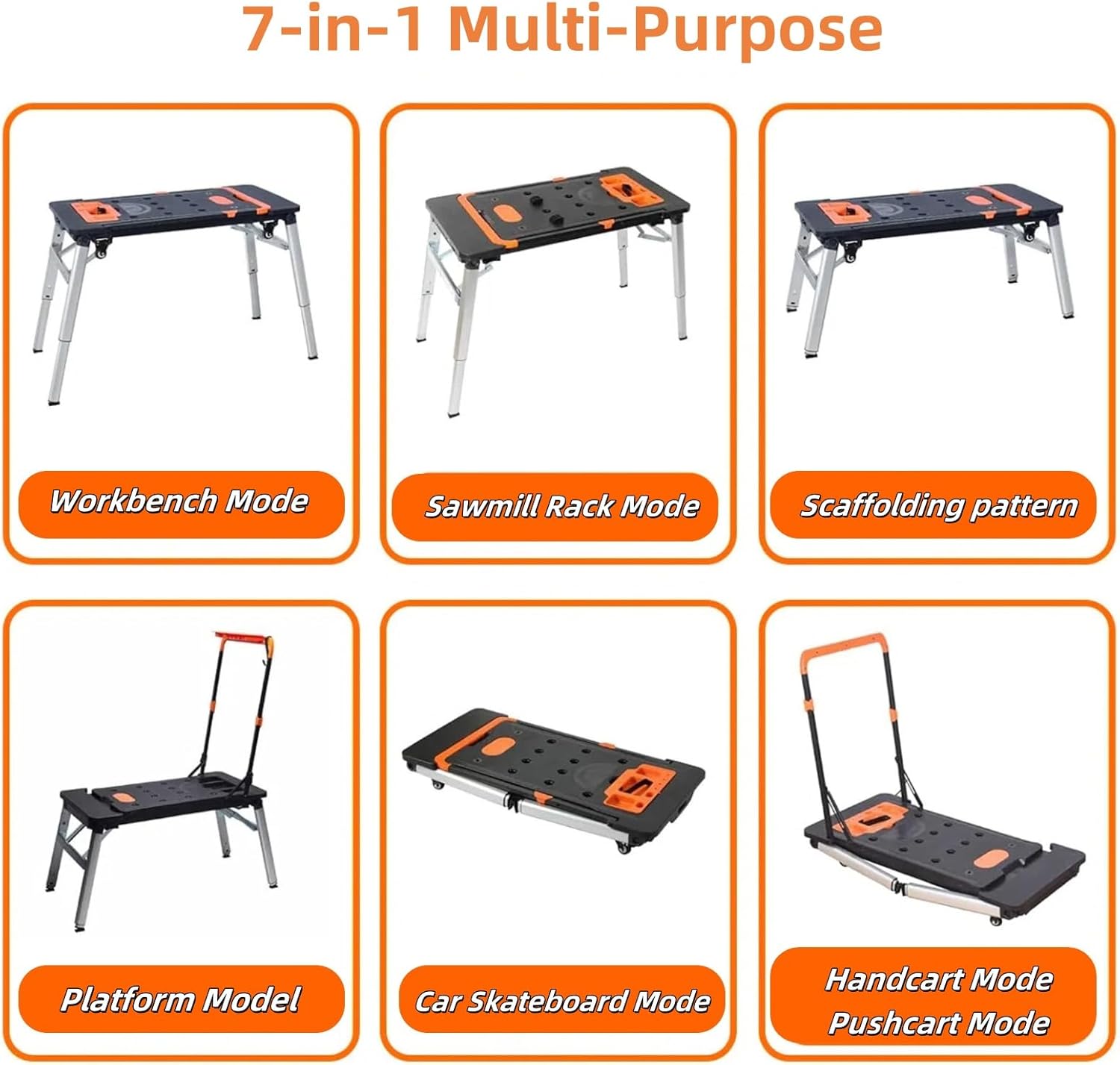 Multifunctional 7-in-1 Folding Workbench Folding Sawmill 7-in-1 Garage Workbench for use in garages as Scaffolding Platforms car Climbers and carts 550LBS 4 Wheels
