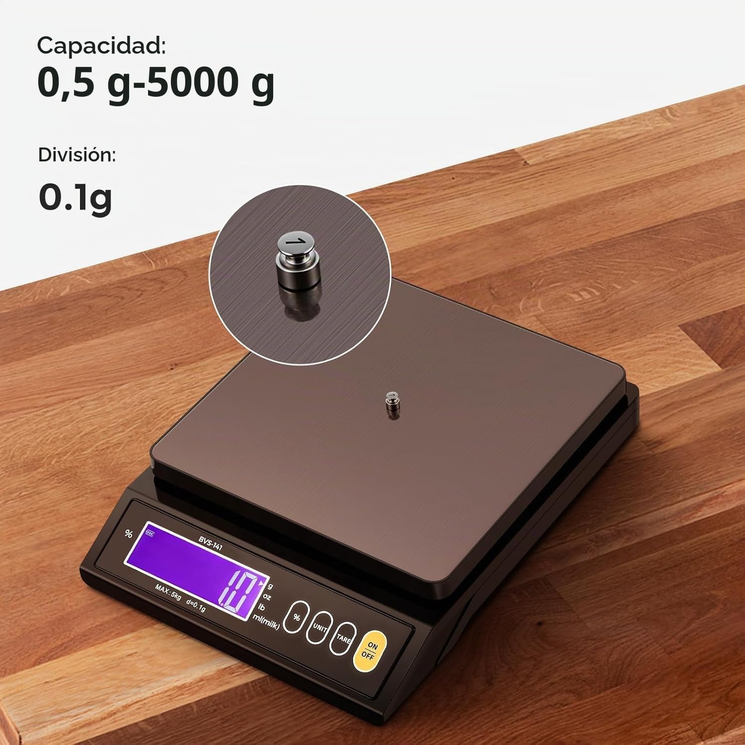 Bonvoisin 0.1 gr/ 5 kg Báscula de Cocina Digital con Función de Porcentaje | Alta Precisión Pesa Alimentos, Tara, Pesa en Gramos, Libras y Onzas, Ideal para Velas, Jabones y Pan de Masa Madre