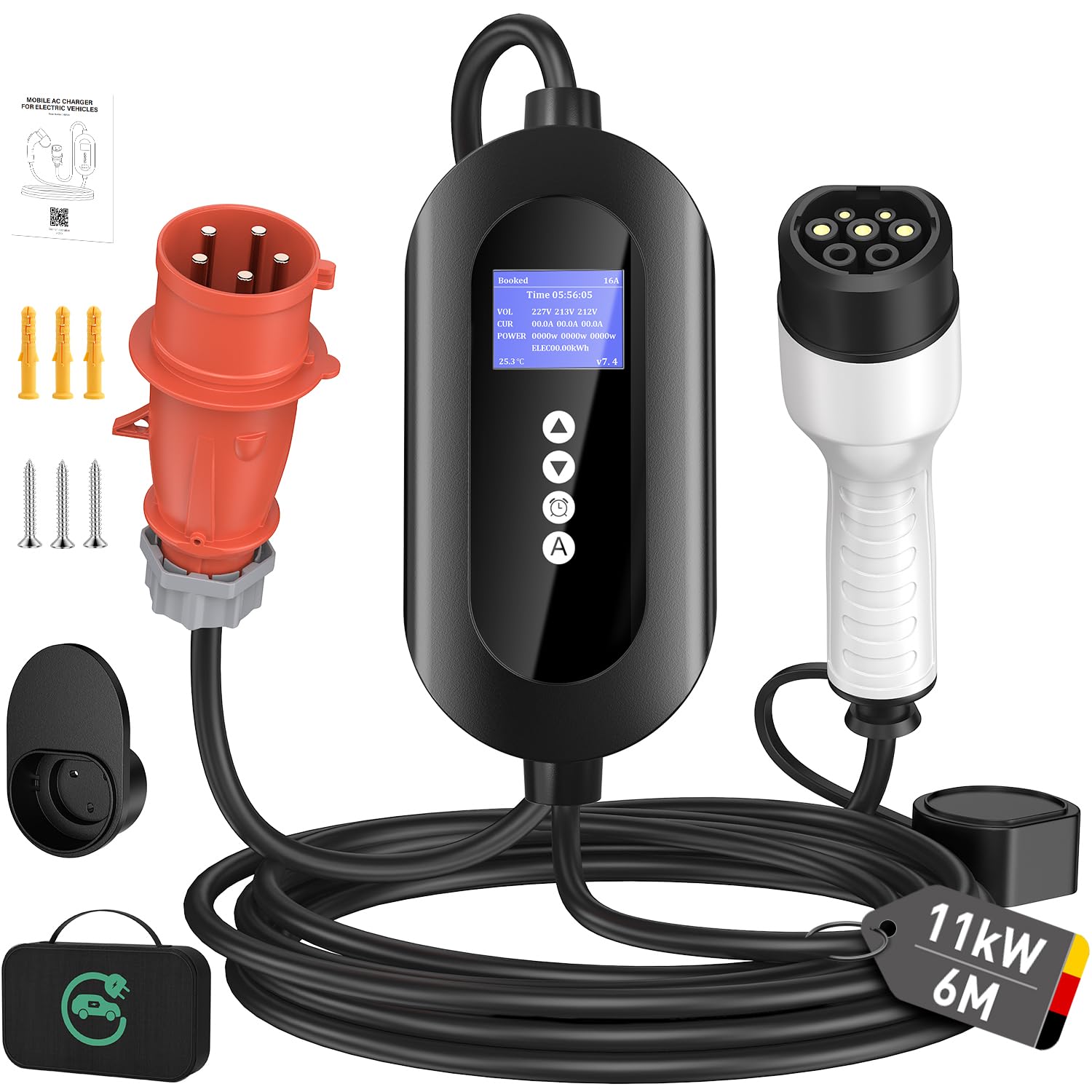 11kW Mobile Wallbox[3-phasig,6m,8-16A], Typ 2 Ladekabel mit 16A CEE Adapter | Mobile Ladestation Einstellbare Leistung & Ladezeit, Ladekabel e Auto für Allen Gängigen EV & PHEVS