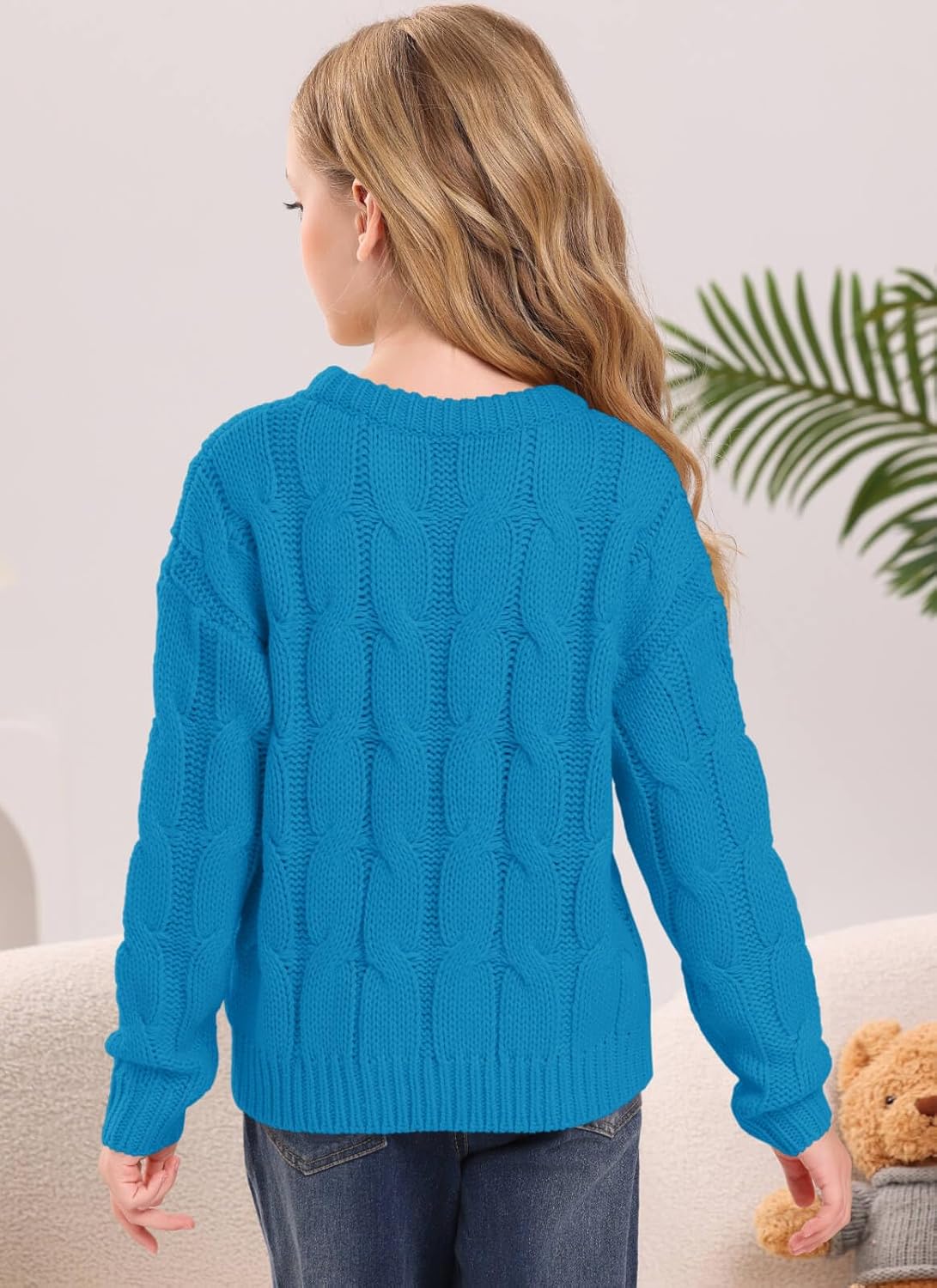 Girls Cable Knit Sweaters Chunky Long Sleeve Crewneck Drop Shoulder Warm Pullover Sweater Tops Size 5-14Y - Image 4