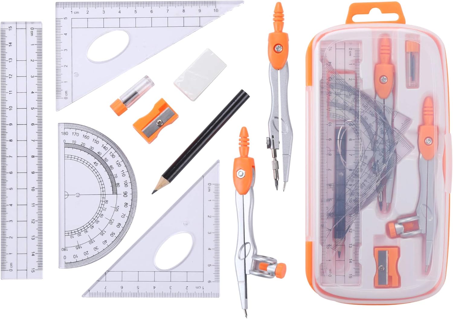 Unjoo Math Geometry Kit Sets 10 Piece Student Supplies with Shatterproof Storage Box,Includes Rulers,Protractor,Compass,Eraser,Pencil Sharpener,Lead Refills,Pencil,for Drafting and Drawings（Orange） : Office Products
