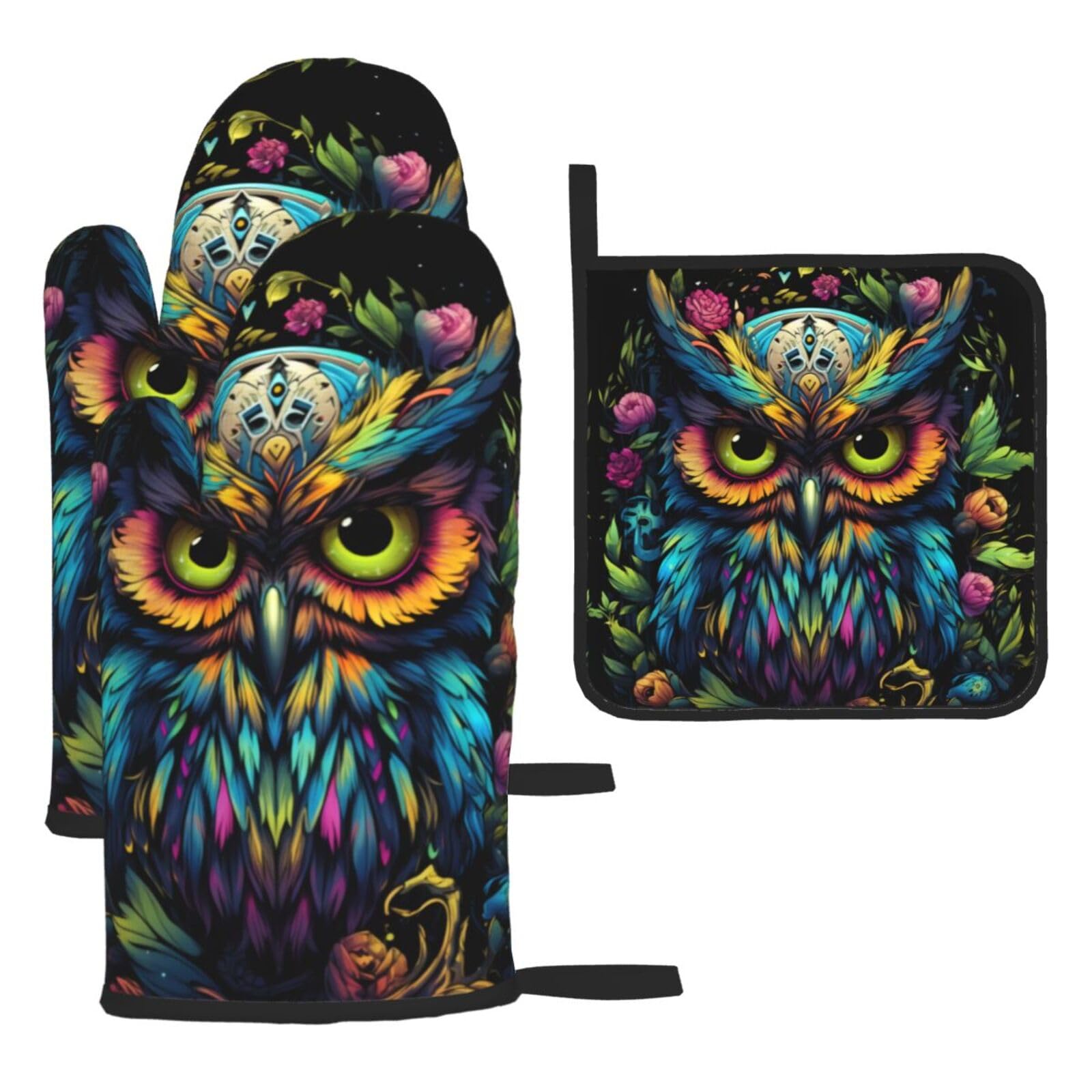 Owl with colored eyes Oven mittens and oven mitts three-piece set suitable for oven, grilling, baking, microwave and home cooking.