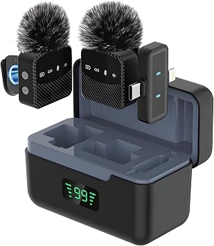 Wireless Lavalier Microphone for iPhone Android Mini Mic with Charging Case | Auto pairing clip-on mini mic, noise reduction, windproof net, works with laptops, for video recording and vlogging
