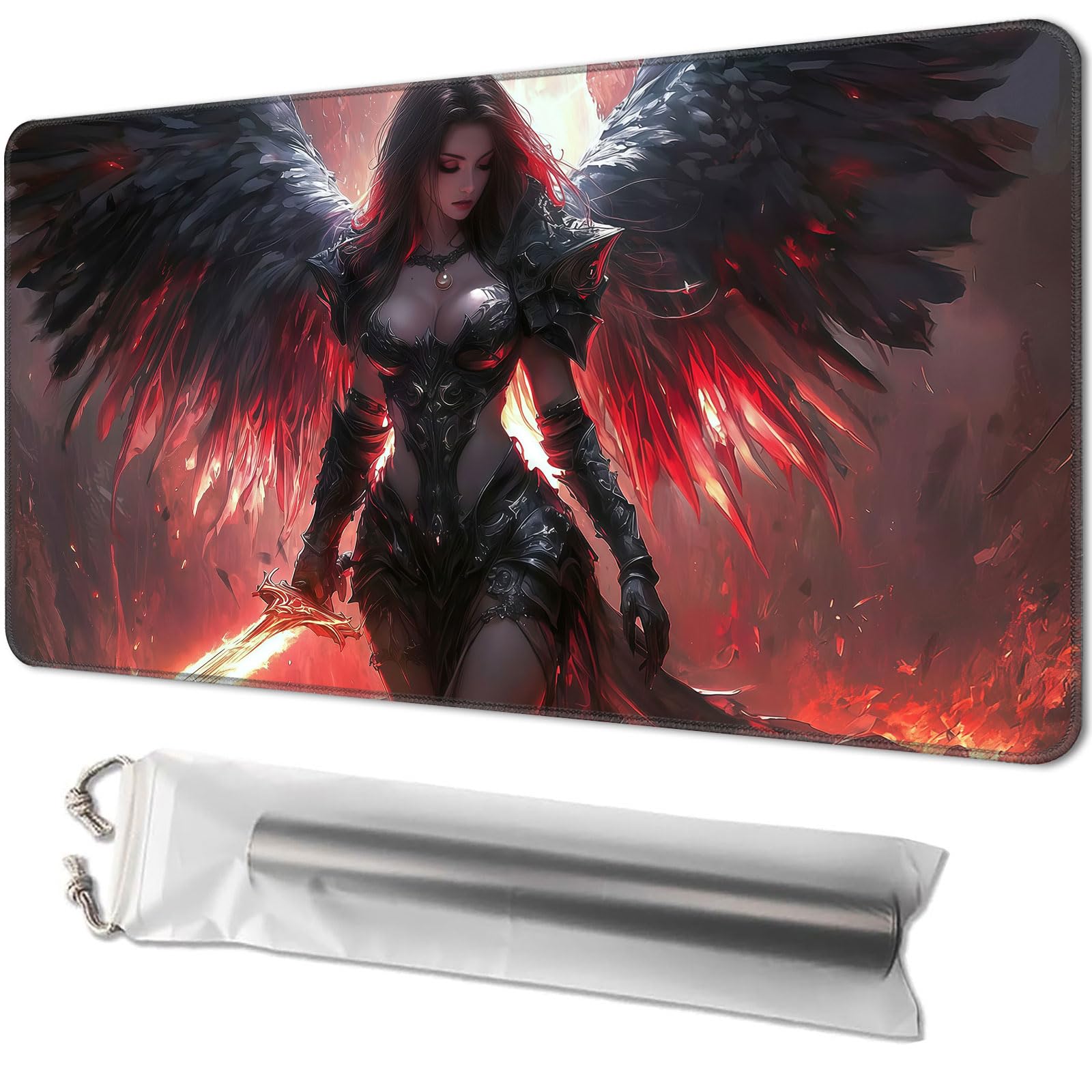 for MTG Playmat 24 x 14 Inches with Storage Bag, Magic The Gathering Playmat with Non-Slip Rubber Base, TCG Card Game Mat for MTG, Commander, Lorcana, Dark Winged Female Warrior